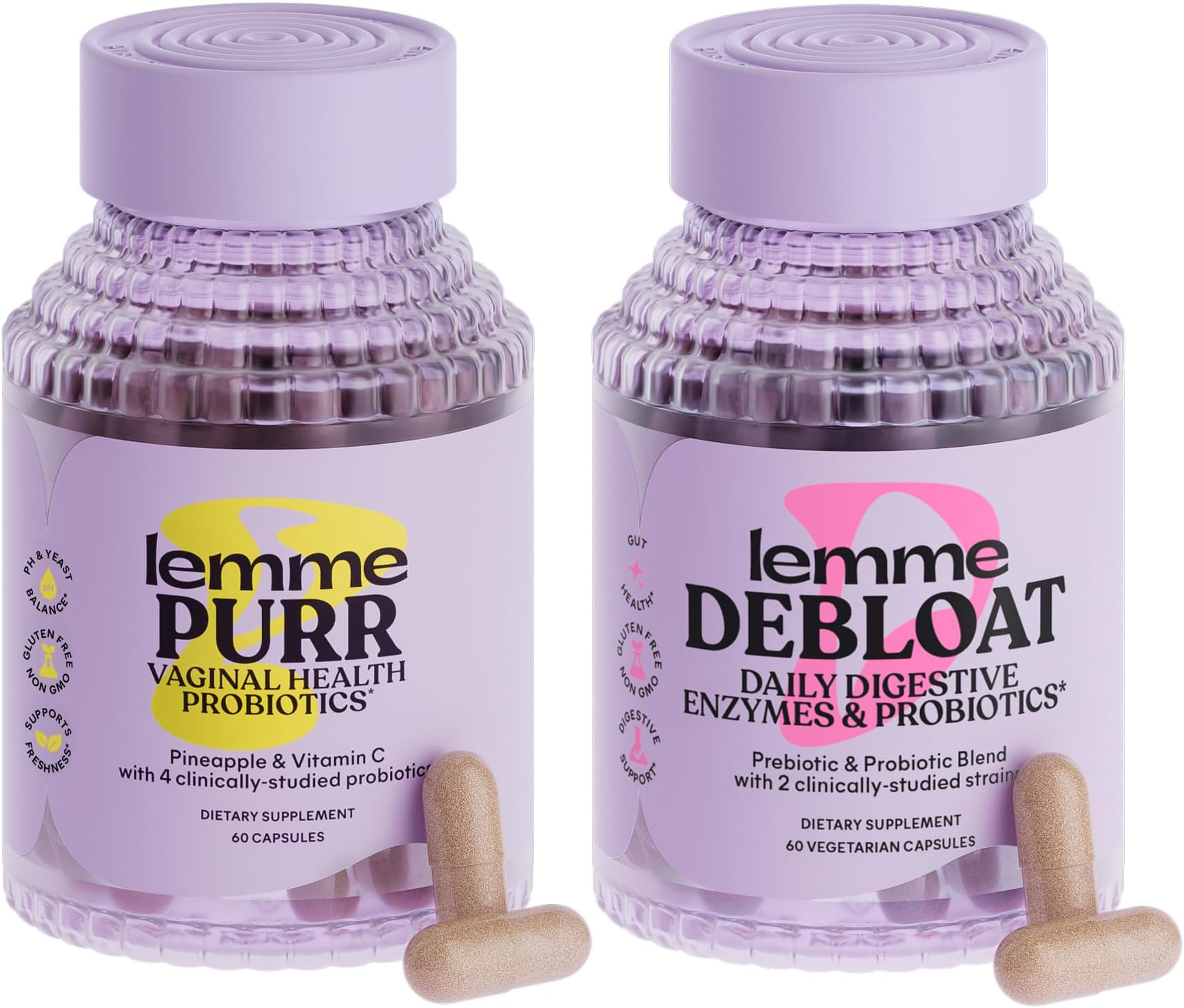 Purr & Debloat Capsule Bundle - Vaginal Health Supplement for Women, Debloat Capsules for Bloating & Gas Relief, Probiotics & Prebiotics - Gluten Free, Non-GMO - 60 Ct. Each