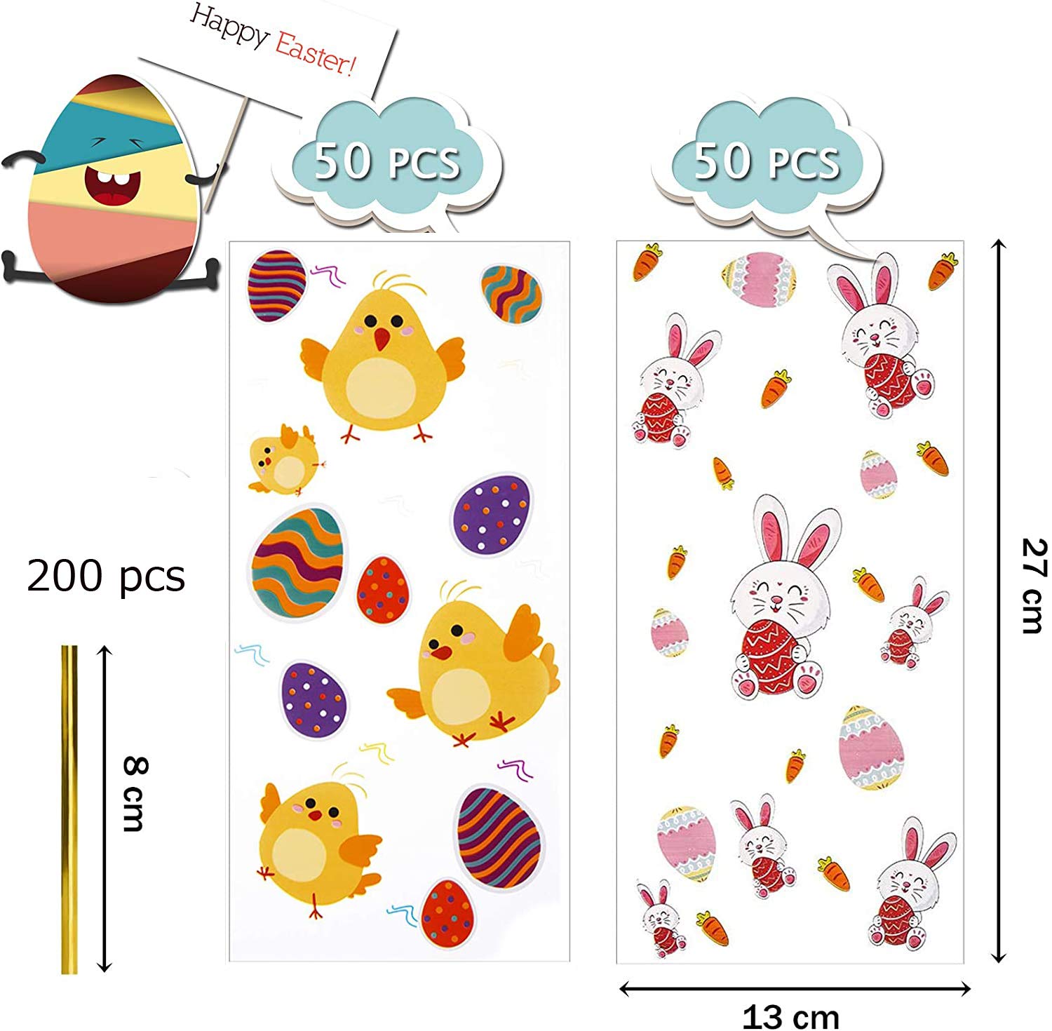 Pâques Sacs De Bonbon Sucré Cadeau,Sacs De Pâques En Cellophane, 100 Pièces Sachets De Cadeaux Transparents Sachet Cellophane Bonbon Avec 100 Cravates Torsadées, Pour Biscuits Chocolat Bonbons Snack