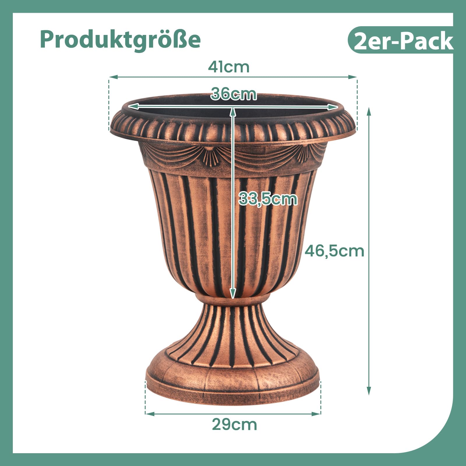 COSTWAY 2 er Pflanzkübel, 46,5 cm hoch, Pflanzgefäße mit Sockelbasis & Abflussloch, dekorative Blumentöpfe, PP Kunststoff, wetterfest, Übertopf für Garten Terrasse Hinterhof Balkon (Bronze)