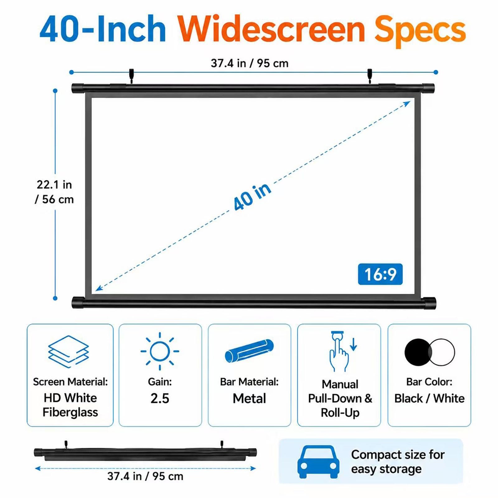 Mini Schermo di Proiezione Manuale Retrattile per Auto e SUV, Schermo Portatile per Proiettore Formato Ridotto 16:9, 4K HD, Ideale per Auto, Viaggi e Campeggio
