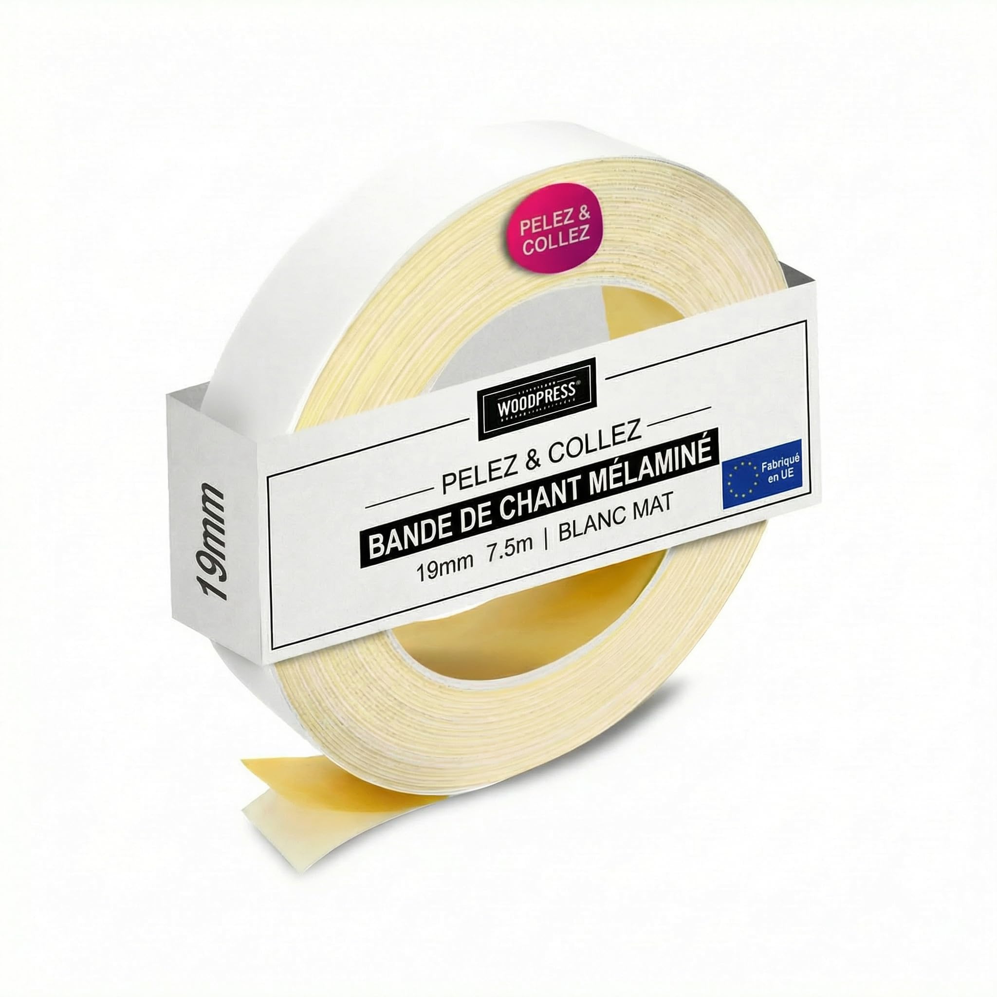 Bande de chant autocollante pour masquer chant brut et réparer meuble blanc 19mm