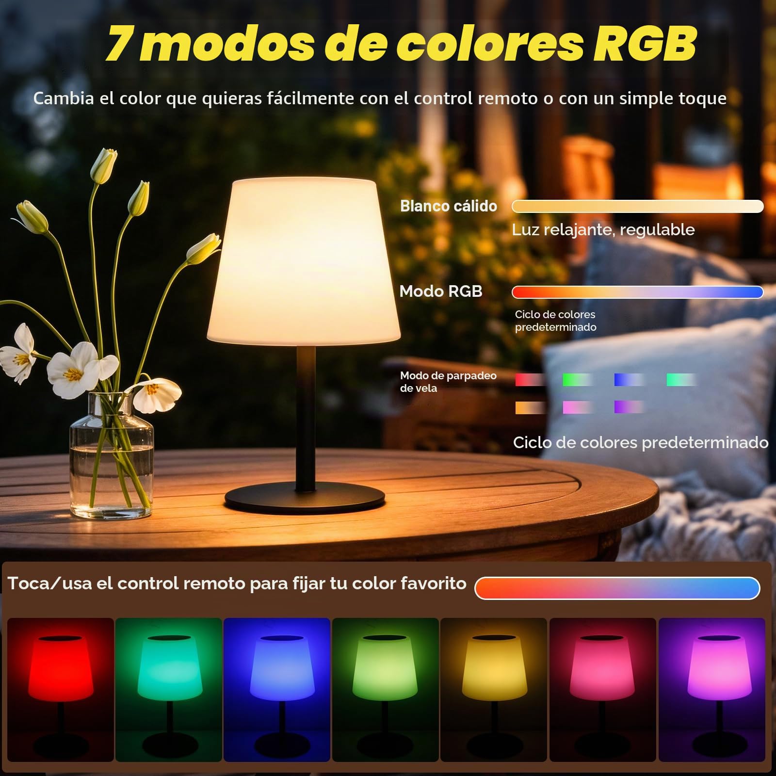 Lámpara de Mesa para Exterior con Energía Solar, Luz Blanca Cálida Regulable y luz RGB, Energía Solar con Sensor de luz y Control Remoto, Adecuada para Jardines, Patios, Campamentos y Otros Lugares