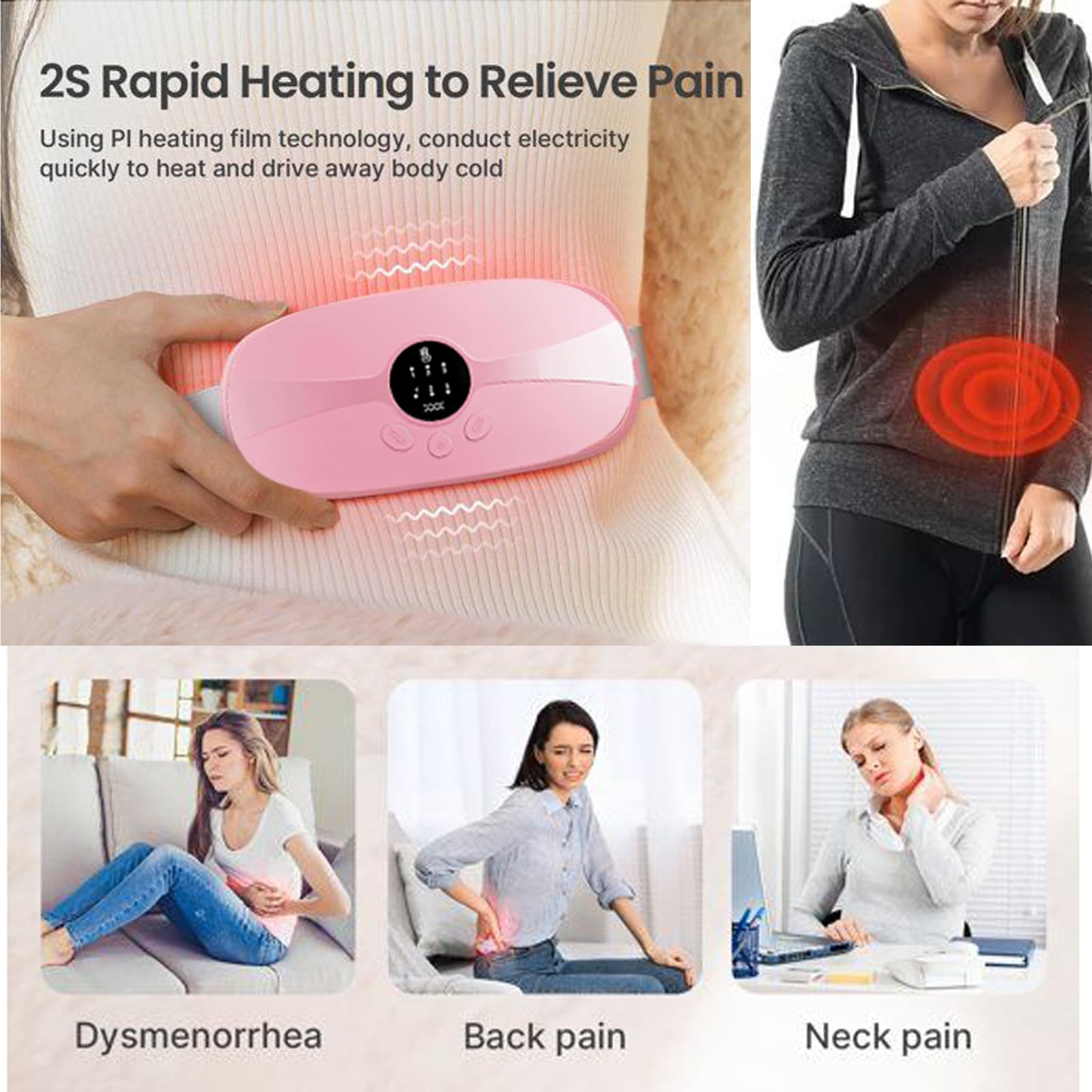 KARFUN Coussin Chauffant Menstruel, Ceinture Chauffante de Massage Abdominal Portable avec 3 Niveaux de Chaleur et 3 Modes de Massage Par Vibration