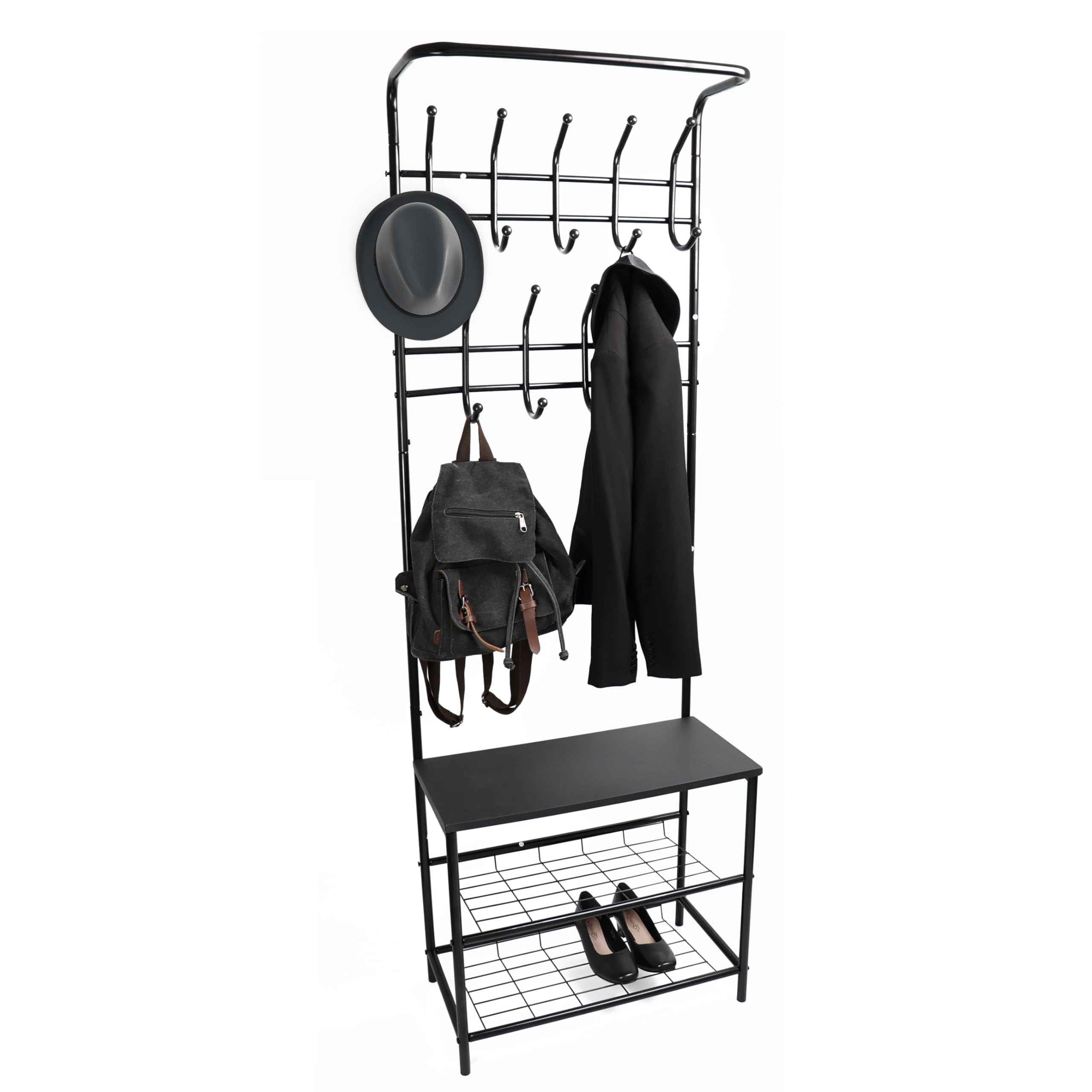 DIVCHICoat Racks Stand With 9 Hooks Shoe Rack Shelf And Hanging Rail Free Standing Hall Tree Shoe Bench For Entryway Hat For Storage (Black)
