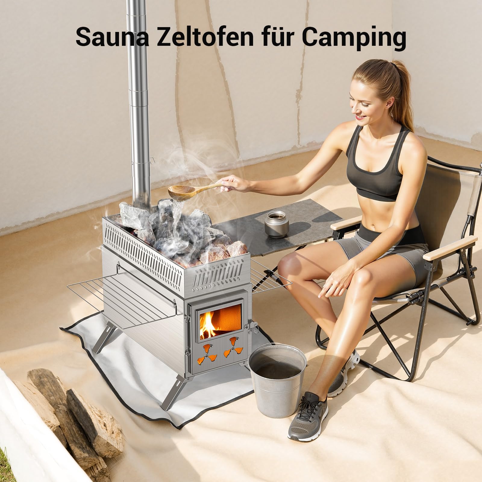 Saunaofen mit Schornstein 2 in 1 Camping Zeltofen, Edelstahl Holzofen, Tragbarer Faltbarer Heißzeltofen mit 7 Kaminrohren