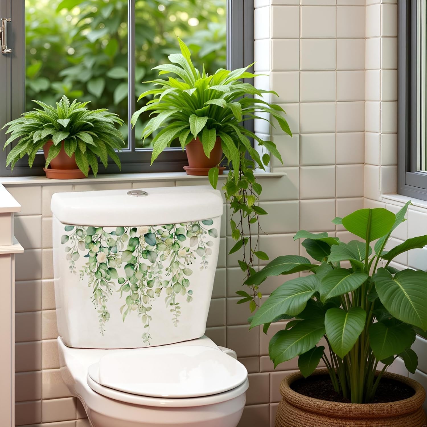 Green Plants Toilet Stickers -DIY Removable Waterproof Toilet Sticker-1 Sheets Leaves Flowers Lid Decals Self-Adhesive Plants Bathroom Cistern Decor 13.78x9.8in