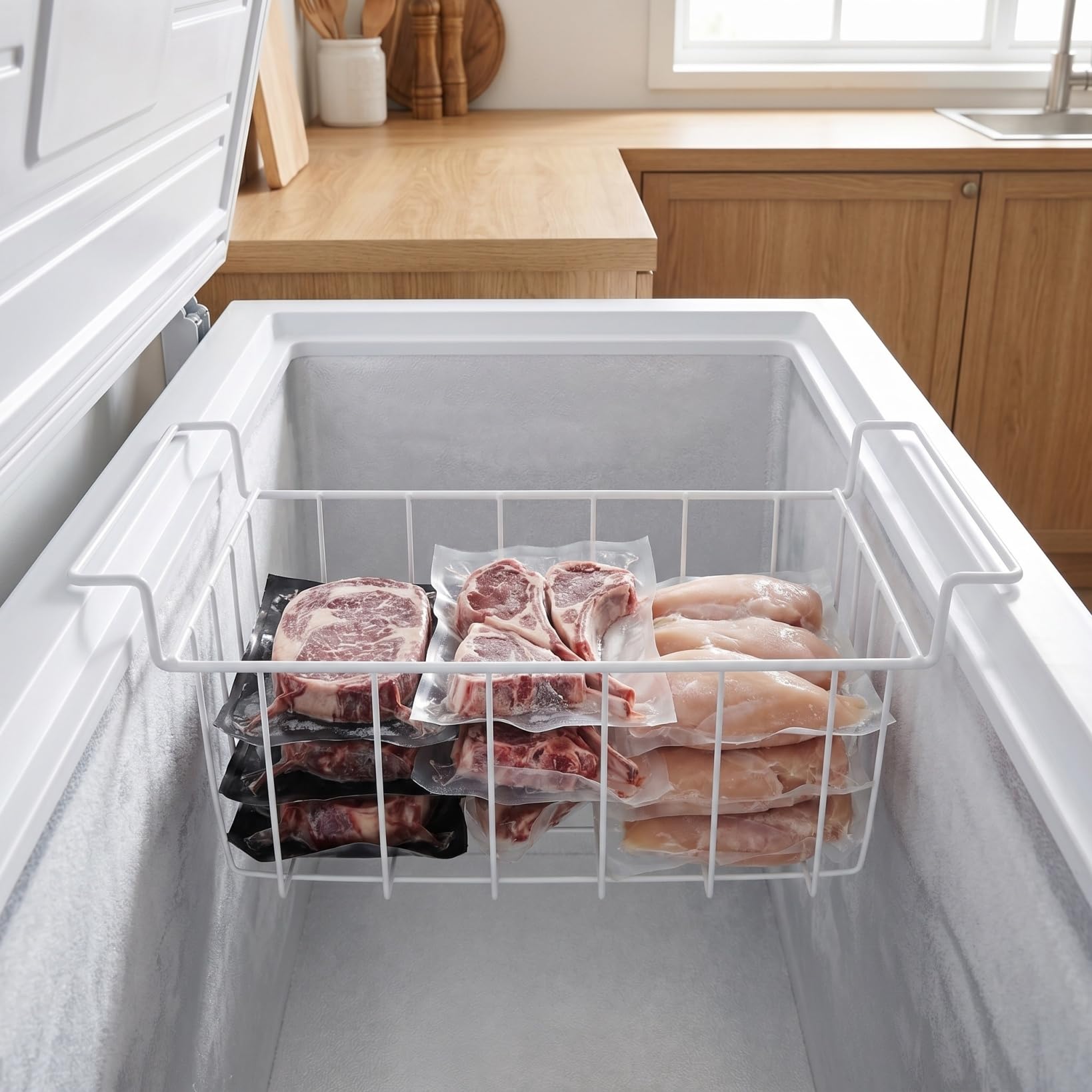ULTECHNOVO Cesta para Congelador Horizontal 45x22x20 cm Organizador de Alambre Engrosado Rejilla Colgante de Almacenamiento para Arcón Congelador y Nevera Accesorios de Cocina y Comercio Blanco