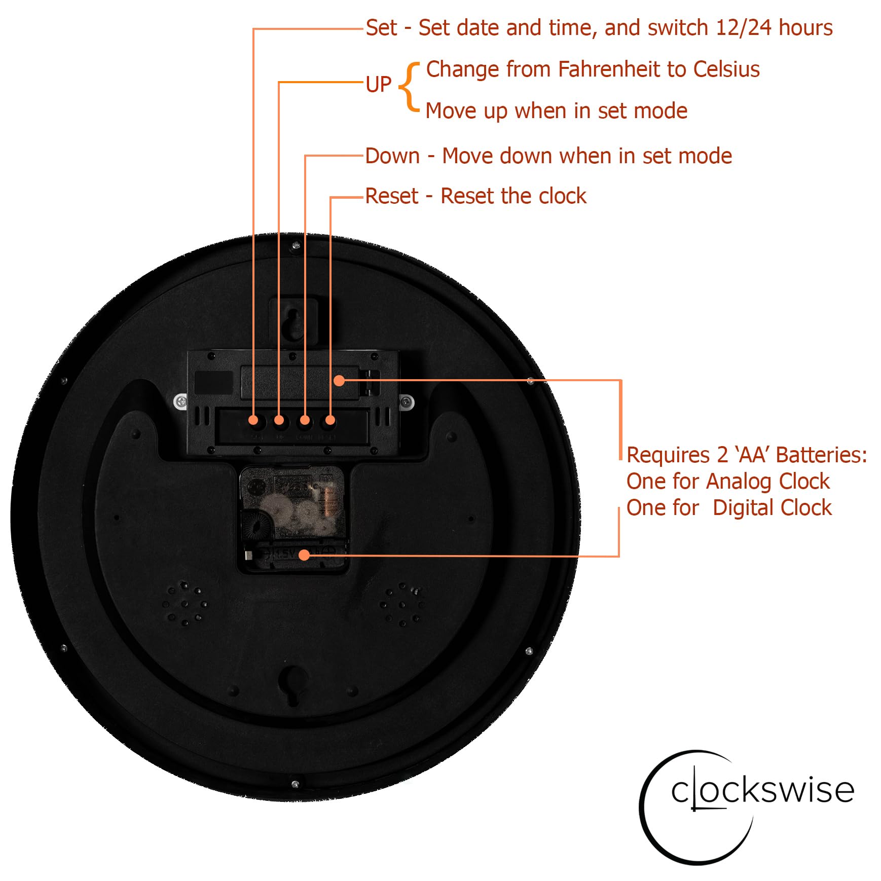 Clockswise Reloj de pared de 12 pulgadas, analógico y digital sin tictac, con pantalla de temperatura, funciona con pilas, funcionamiento silencioso, hora y fecha conmutables, perfecto para aula,