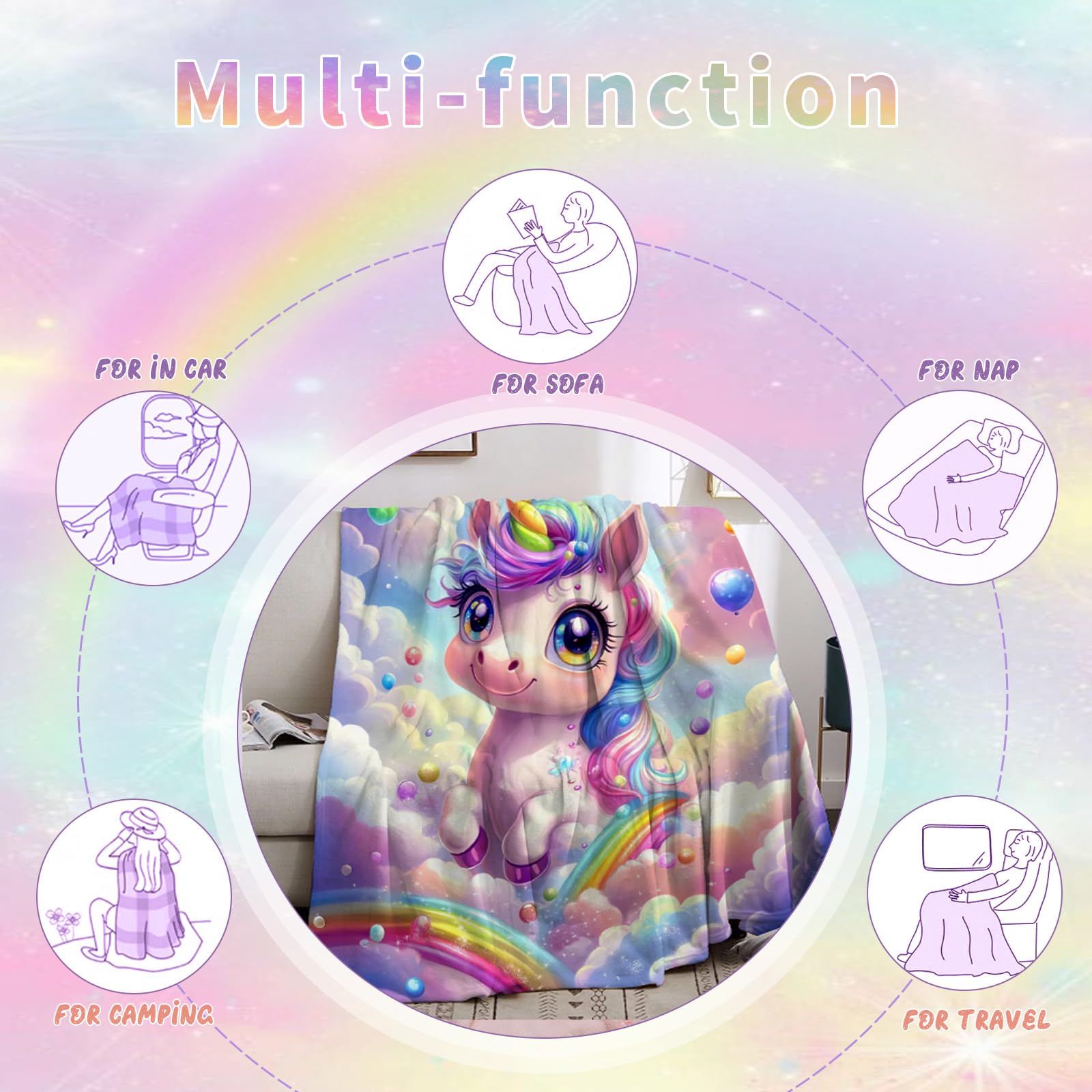 Einhorn Decke Kinder Kuscheldecke für Mädchen, Flanell Kinderdecke, Sofadecke, Kuscheldecke Einhorn mit Bunte Wolken, 150 * 200cm