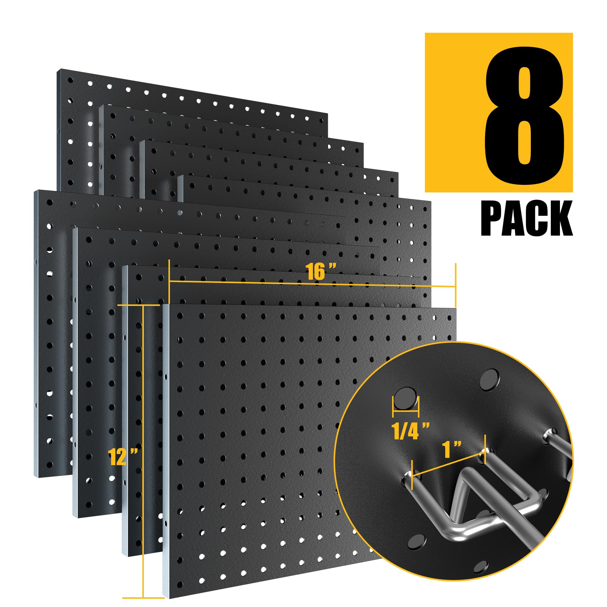 Spampur Lot de 8 panneaux perforés en métal noir, système de rangement d'outils pour établi, organisateur de garage, organisation murale de bureau, salle d'artisanat, noir