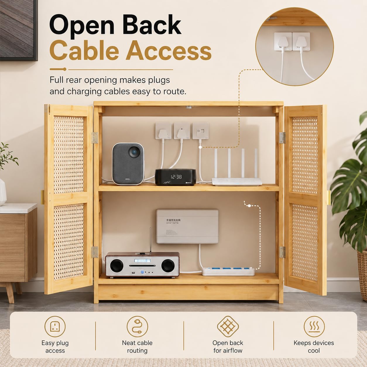 Scatola portaoggetti per router WiFi con ripiani regolabili, armadio in legno per gestione dei cavi e ciabatte, soluzione di archiviazione per casa e ufficio, scatola elettronica da pavimento
