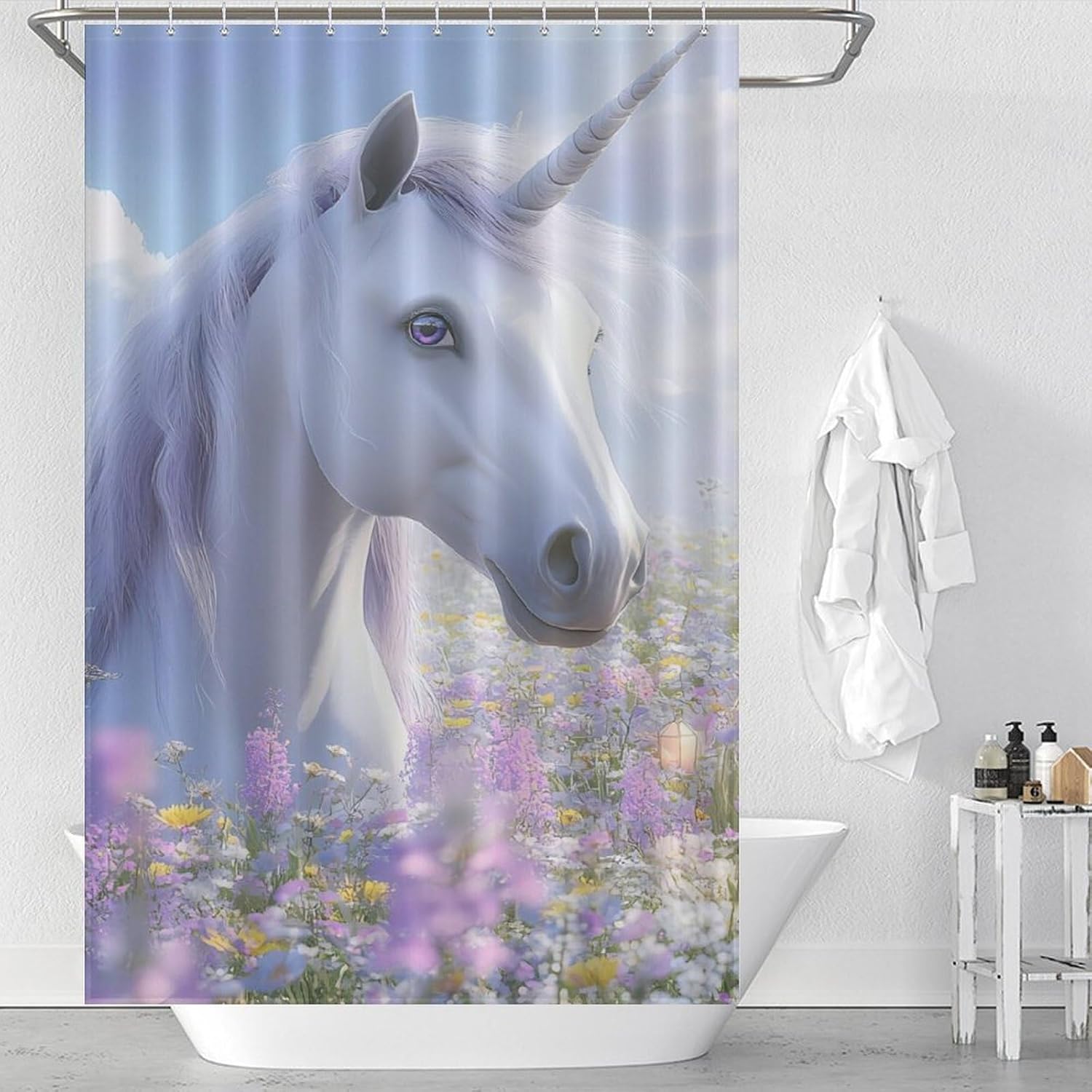 Un-icorn Flowers Shower Curtain 46.85x70.87Inch（119x180cm） Polyester Bath Curtain Shower Curtains Printed Decorative