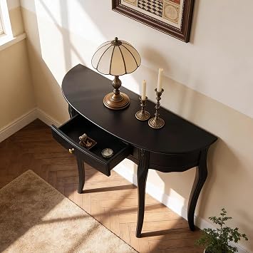 Black Demi-Lune Console Table, Classic French Provincial Sofa Table with Drawer, 12 Inch Deep Hallway Accent Furniture for Small Spaces & Foyer(70cm/28in)