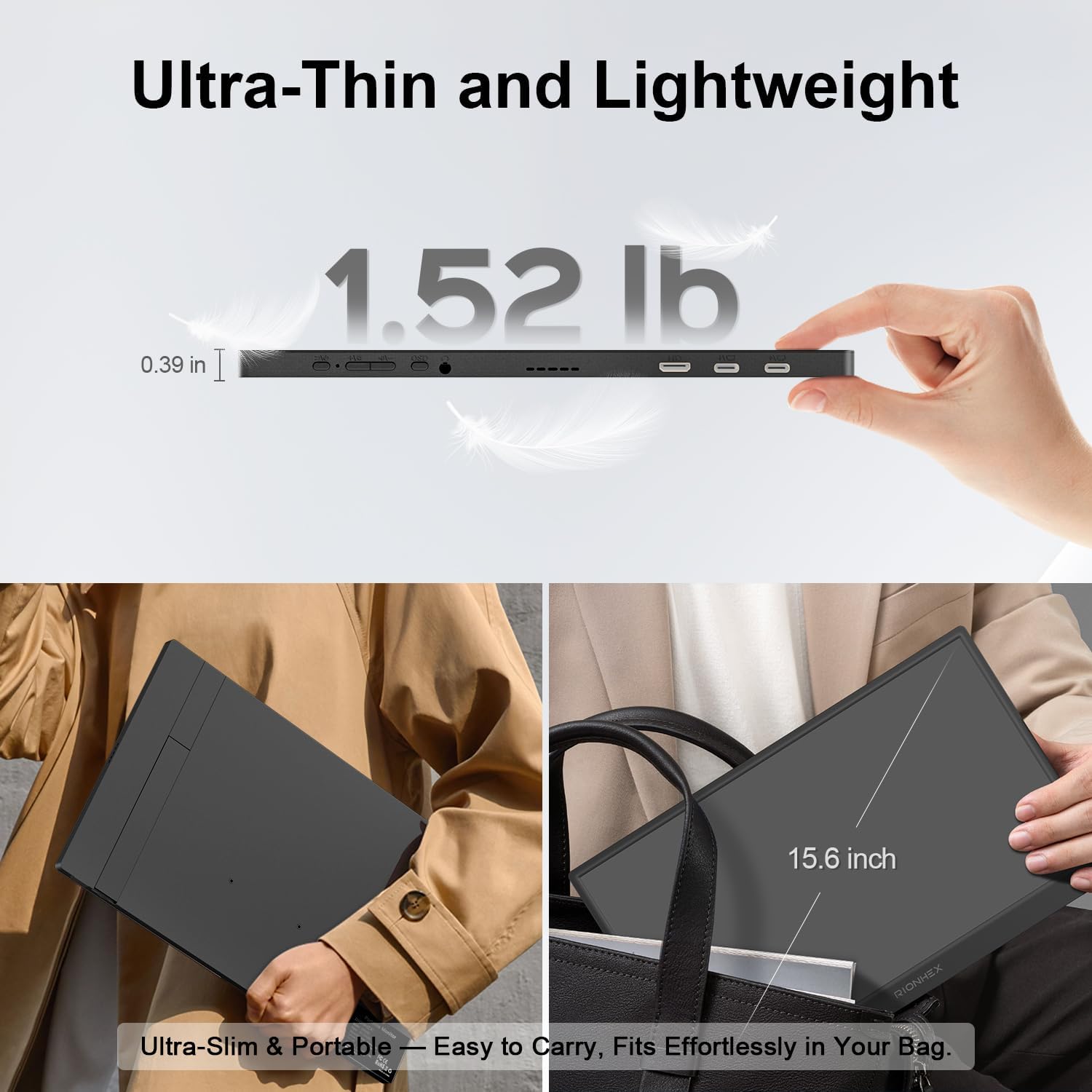 Portable Monitor, 15.6 inch 1080P USB-C HDMI Travel Monitor Built-in Stand VESA, External Screen for Laptop, PC, Mac, PS, Xbox, Swich IPS HDR Ultra-Thin
