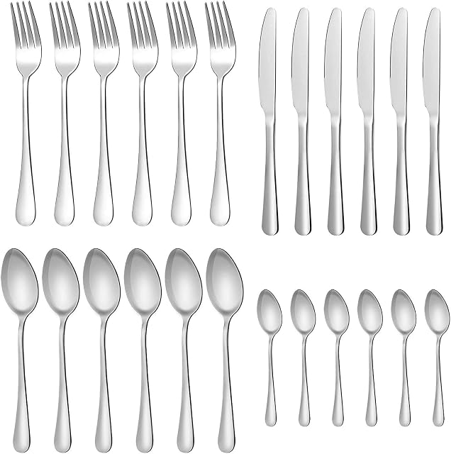 Cutlery Flatware Set24 Piece Silverware Set with Gift Box Stainless Steel Tableware Dinnerware Sets Knife Fork Spoon, Service for 6 Multipurpose Use Safe for Home Kitchen Party - Silver
