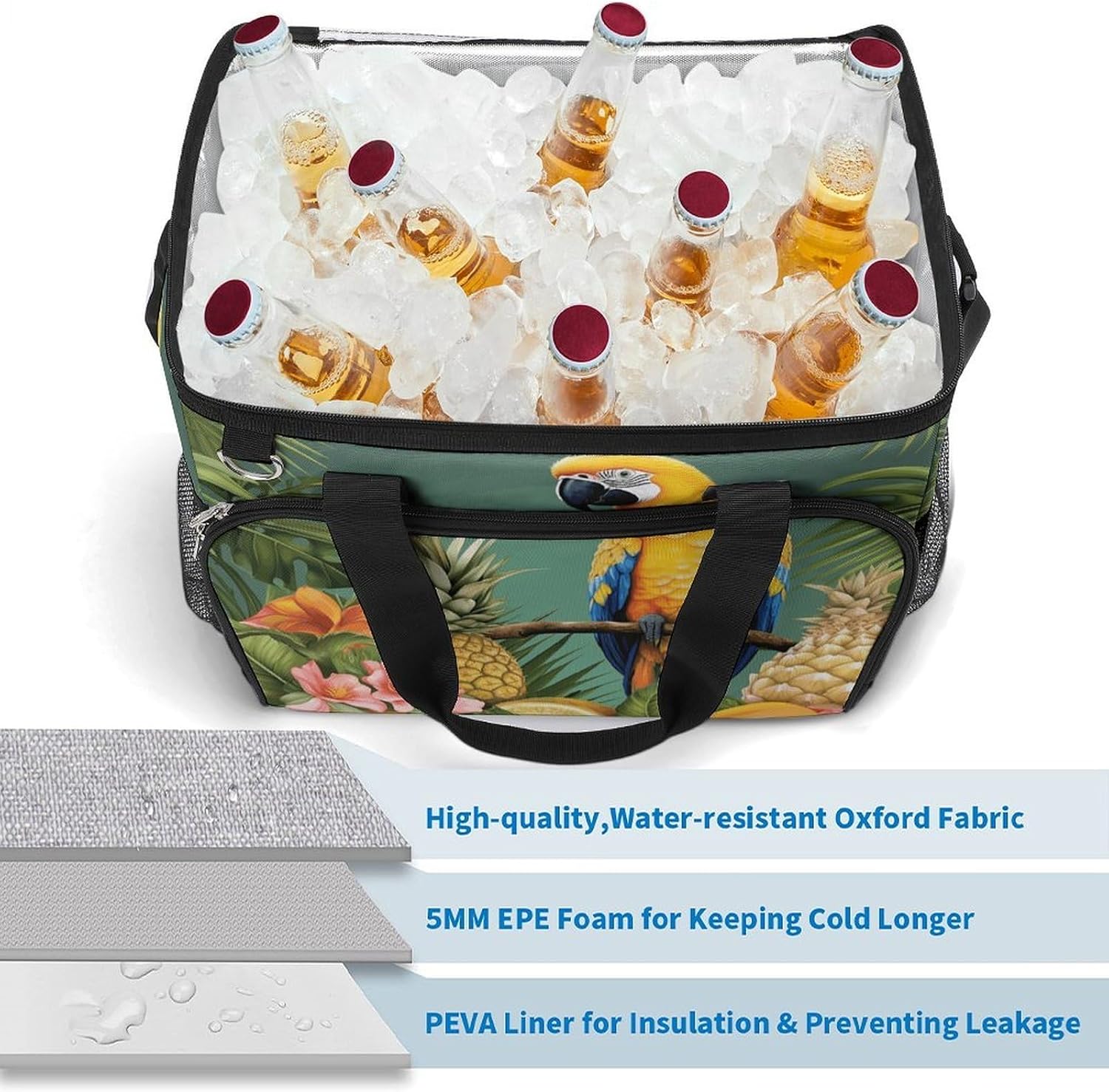 Large Capacity Oxford Cloth Summer Parrot Pineapple Bird Printed Camping Ice Bag, Outdoor Portable Insulation and Cooling Bag, Suitable for Outdoor Camping and Picnics