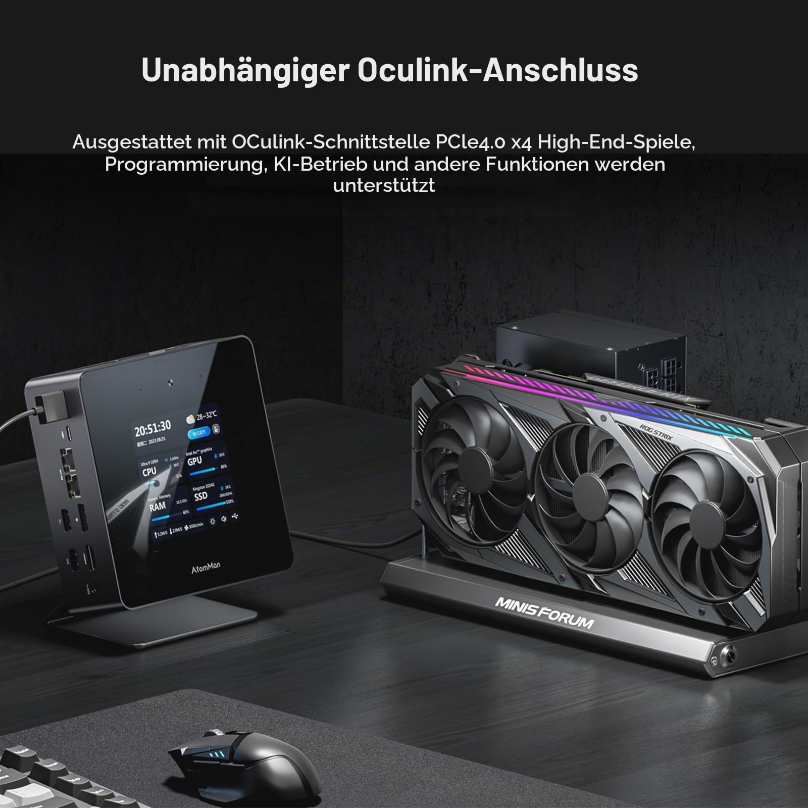 AtomMan X7 Ti Mini-PC Intel Core Ultra 9 185H Prozessor, 32 GB DDR5 1 TB SSD, 1080P Kamera/RJ45 5 Gbps × 2/Wi-Fi 7/Bluetooth 5.4/HDMI 2.1 FRL/DP 2.0/USB4 × 2,4 x USB A, OCulink 4X