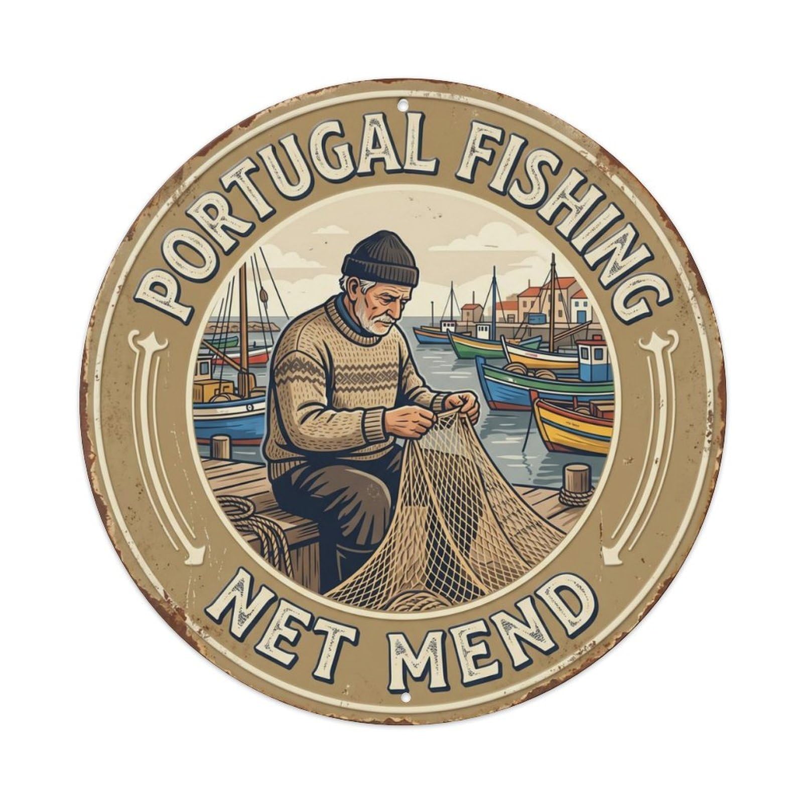 Fishing Net Mend Portugal Harbor Metal Tin Sign Plaque Wall Decor for Cafe, Club Bar, Office, Home Garden Round Metal Poster 8x8Inch