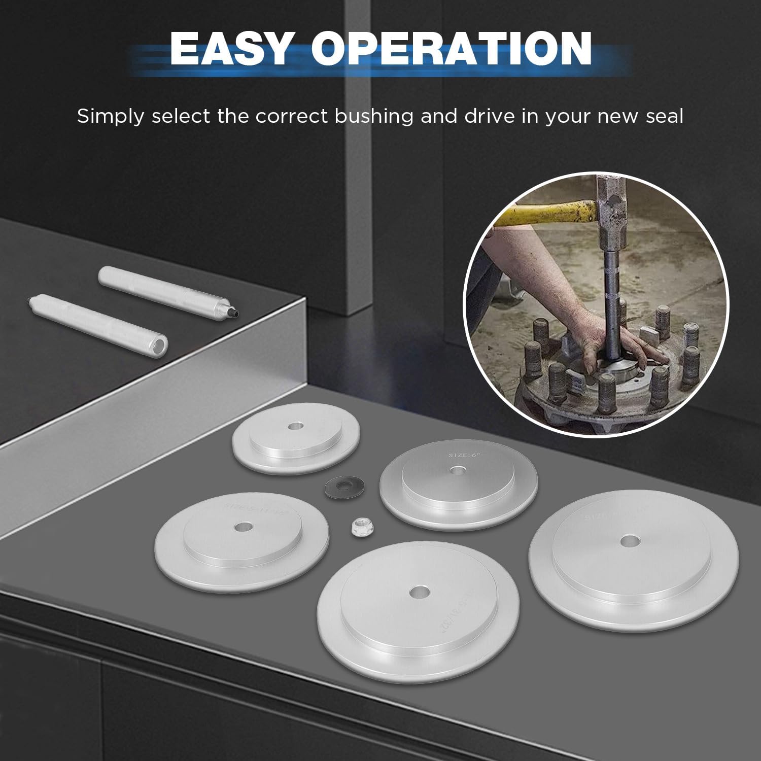 Truck Hub Seal Installer Kit, 5PCS Bearing Race and Seal Driver Set Truck Hub Seal Puller Heavy Duty Bushing Driver Set for Class 7& Class 8 Trucks Trailers and Some Medium Duty Trucks Seal Driver Set