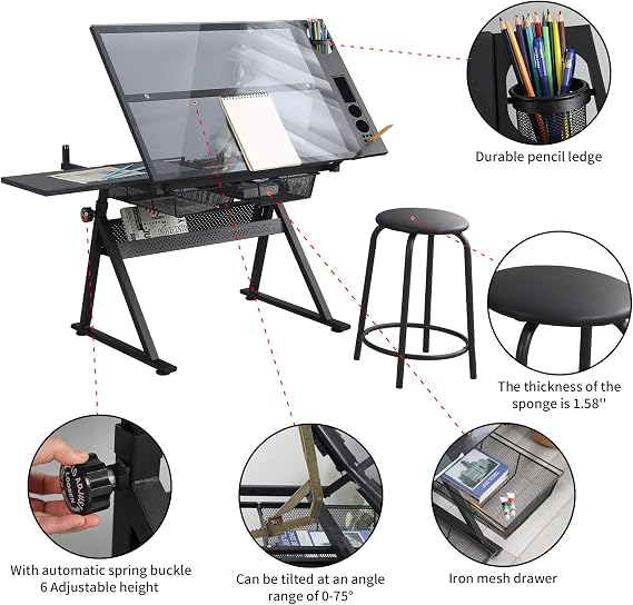 Glass Drafting Table and Stool Sets, Adjustable Height Drawing Table Art Craft Artist Desk Tilting Glass Tabletop with 2 Storage Drawers for Home Office (Black)