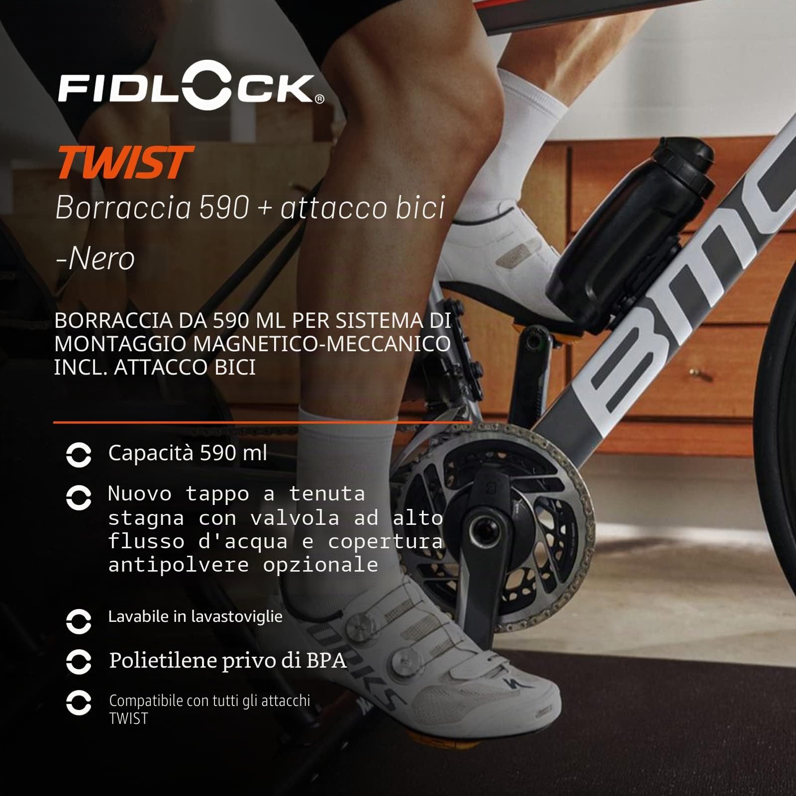 FIDLOCK Twist Bottle 590 & Bike Base Set – Nuovo tappo a prova di perdite, autosigillante, portabottiglie per bici senza viti e bottiglia attaccata, supporto magnetico senza gabbia, nero