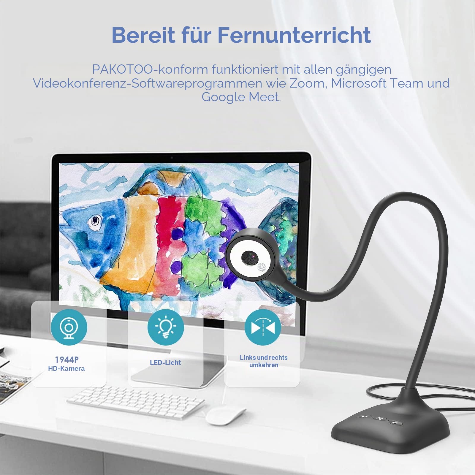 USB Dokumentenkamera & Visualizer Schule im A3-Format, 3-stufige LED-Leuchten, Bildumkehrung, Falten, Dual-Mikrofon mit Zoom, Skype, Teams, OBS. Für Windows, macOS, Linux und Chromebook