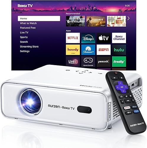 Aurzen Eazze D1R Roku TV Proyector inteligente con WiFi y Bluetooth Auto Focus & Keystone, DoIby Audio, Zoom, película nativa 1080P, mini proyector