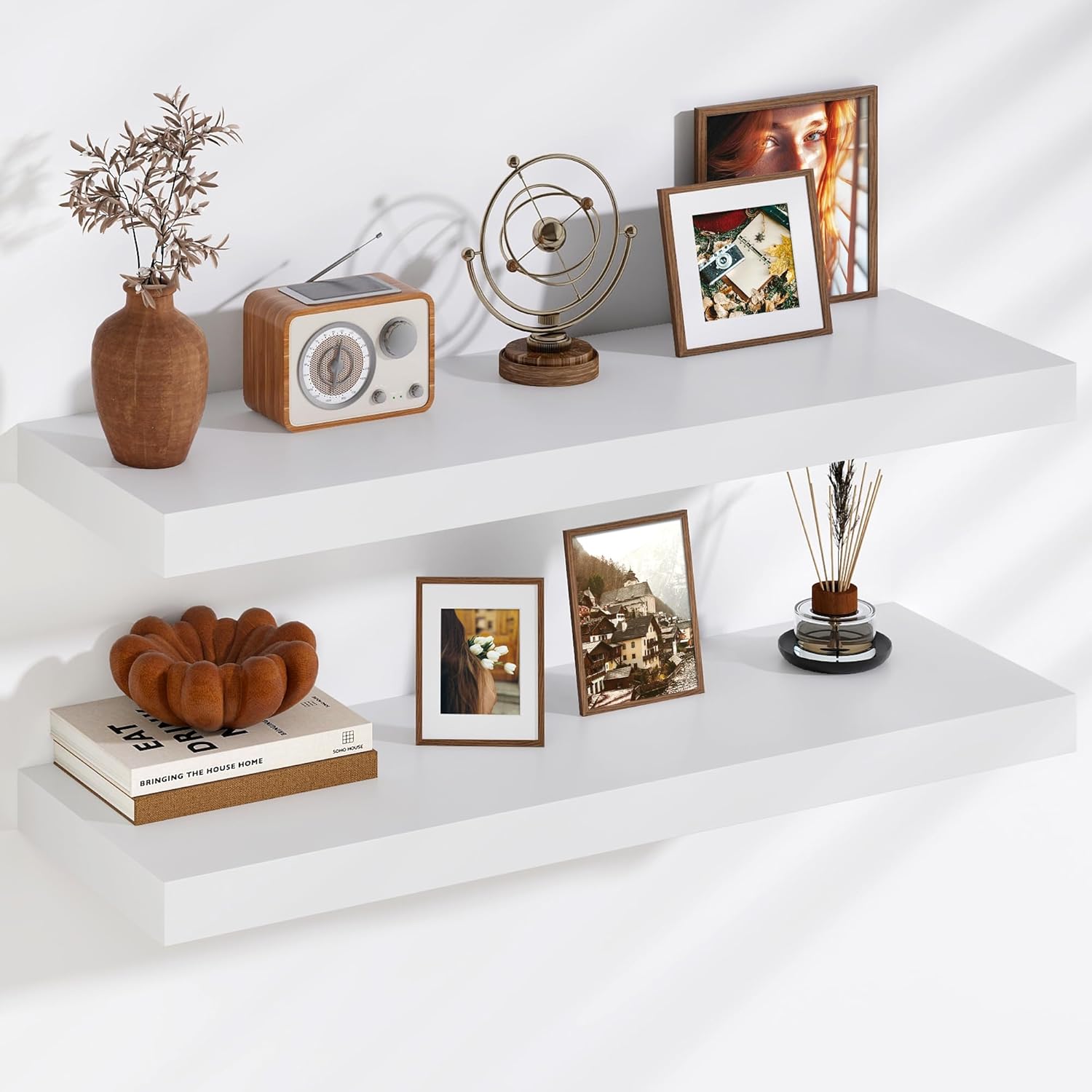 Fun Memories Floating Shelves, 9.3'' Deep Solid Pine Wood Wall Shelves for Storage, Wall Mounted Display Shelf with Invisible Heavy-Duty Metal Bracket, 36'' Width Set of 2, Unfinished - DIY Stain