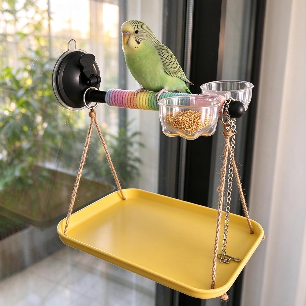 Suction Cup Window Bird Perch Stand with Tray,Feeding Box,Anti-Fly Chain — 사진 1