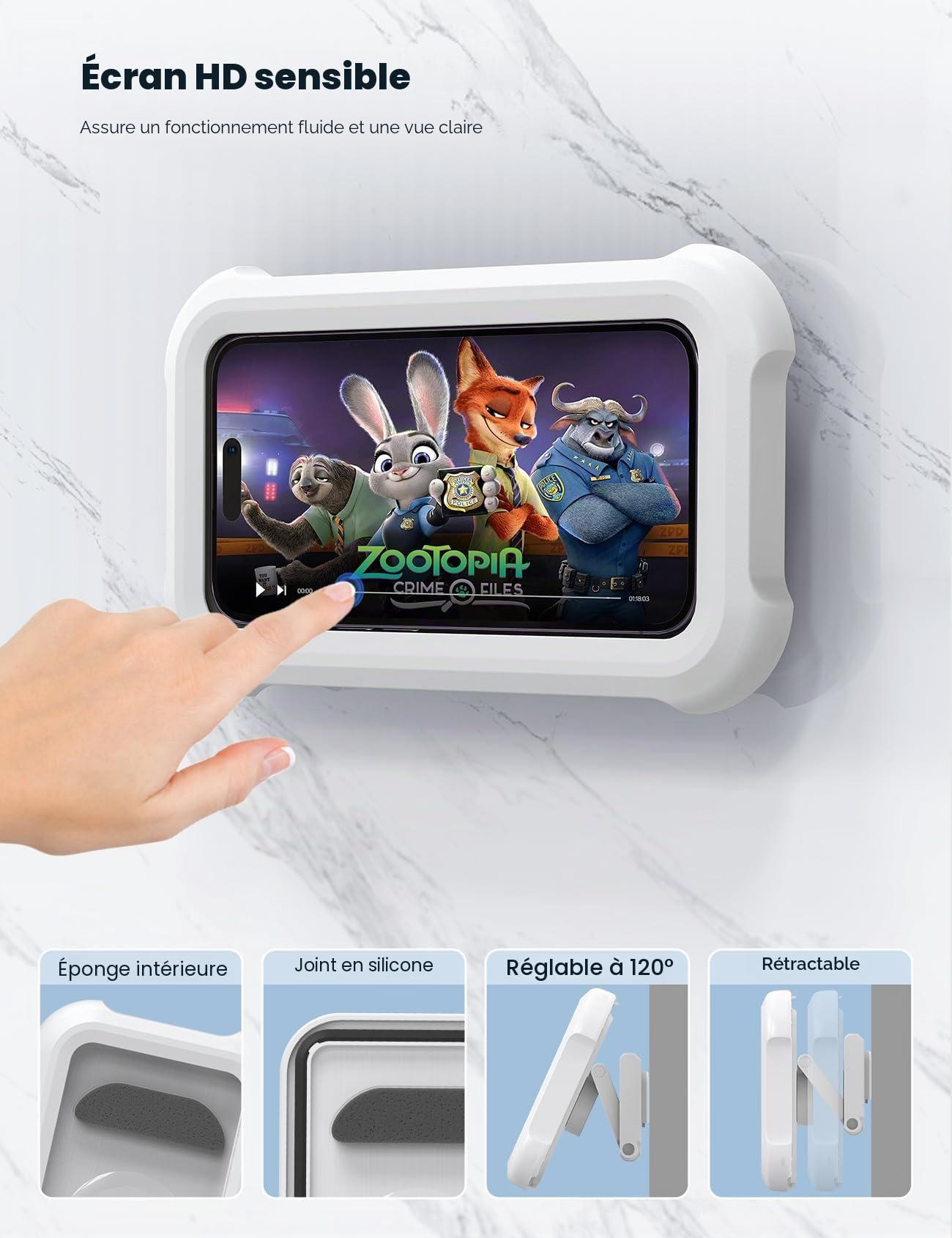 Lamicall Support de Téléphone de Douche Étanche, Étui Boîtier de Téléphone Étanche pour Mural - [360°Rotation & 120°Réglable] 3 Crochets Muraux Adhésifs, Support Mural de Bain pour 4 à 7" Smartphone