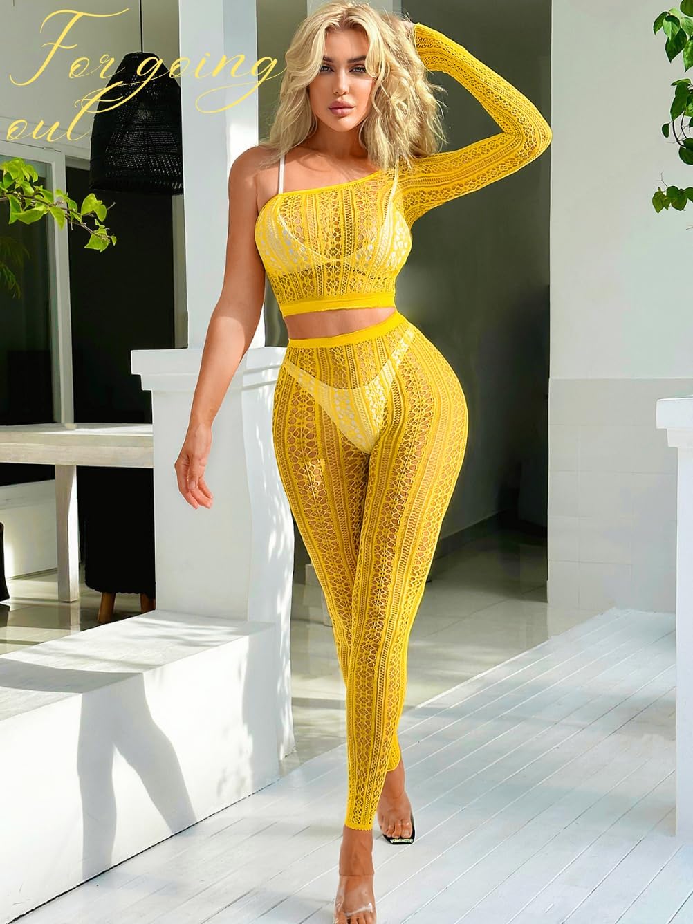 EHSUYAB Rave Outfits For Women, Sexy Mesh Jumpsuit Party Club, 2 Piece Body Stocking Lingerie Fishnet Bodysuit Music Festival