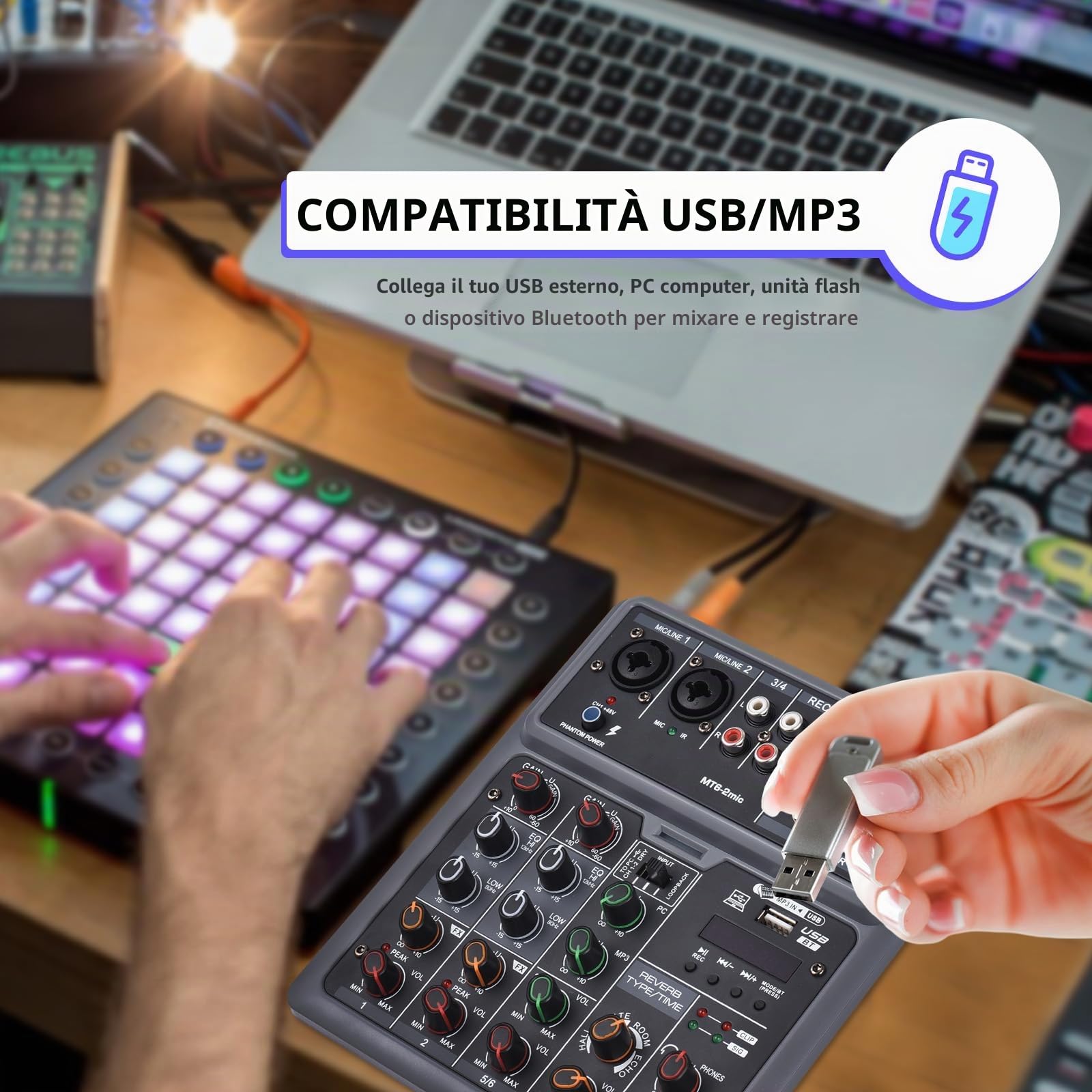 Mixer Audio, Console Di Mixaggio A 6 Canali Con 2 Microfoni Wireless Mixer BT OTG 4 Effetti Di Scena DSP Alimentazione Phantom 48v Scheda Mixer DJ Professionale Per Home Theater
