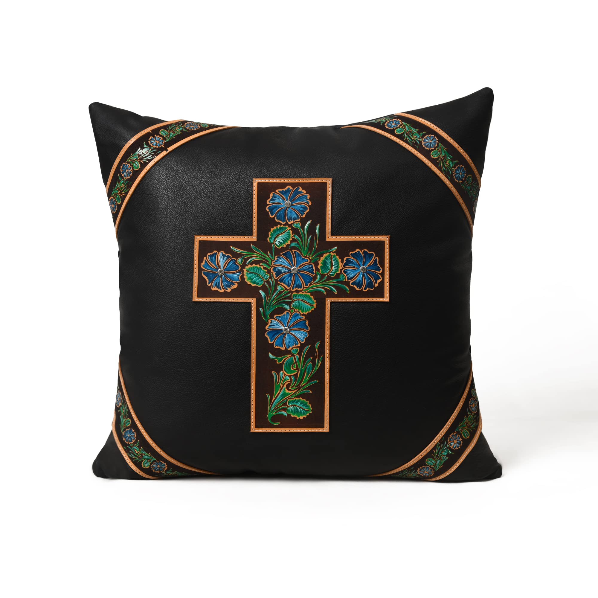 MOUSM Turquoise and Green Cross Pillow Cover, Top Grain Cow Leather, Black, Hand-Painted Floral Design Set of (1)