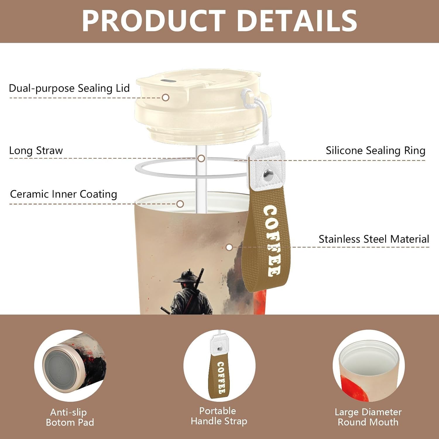 Insulated Coffee Mug Samurai Katana Moon with Straw & Flip Lid, 16.9oz Iced Tumbler Cup, Double Wall Vacuum Mug for Travel Office Camping