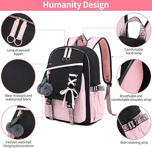 Miniatura 4 de FENGDONG Mochila escolar para niñas adolescentes, mochila casual para niños, mochila escolar para adolescentes, Negro Rosa, Mediana, Mochilas Daypack