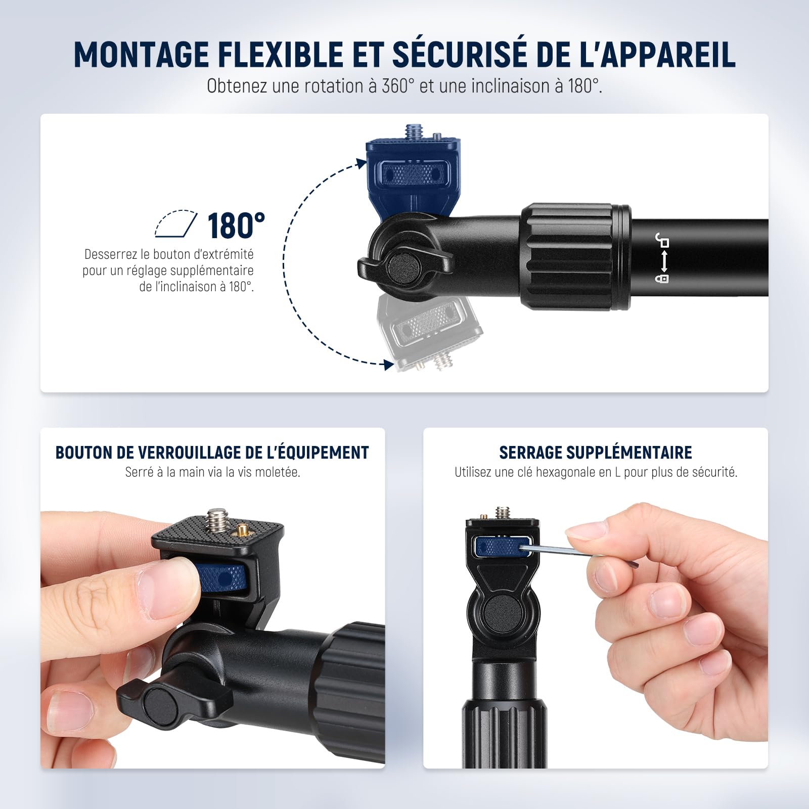 NEEWER Bras de Support de Caméra Aérien 56 cm 180° 360° Flexible 2 Sections pour Bureau Tube 2,2-2,8 cm Charge 2,5 kg