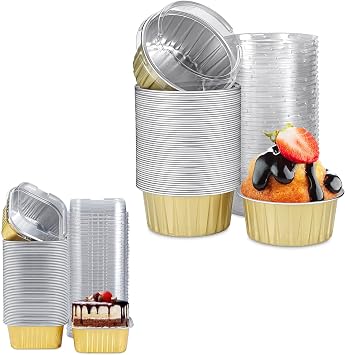 100pcs Mini Disposable Foil Round + Square Aluminum Loaf Pans with Lids, Gold