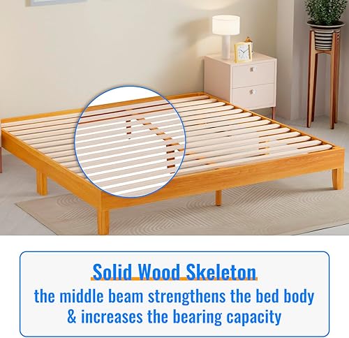 Miniatura 43 de PayLessHere Base de cama de plataforma de madera con cabecero tamaño King, base de madera maciza, soporte de listones de madera, no necesita somier,