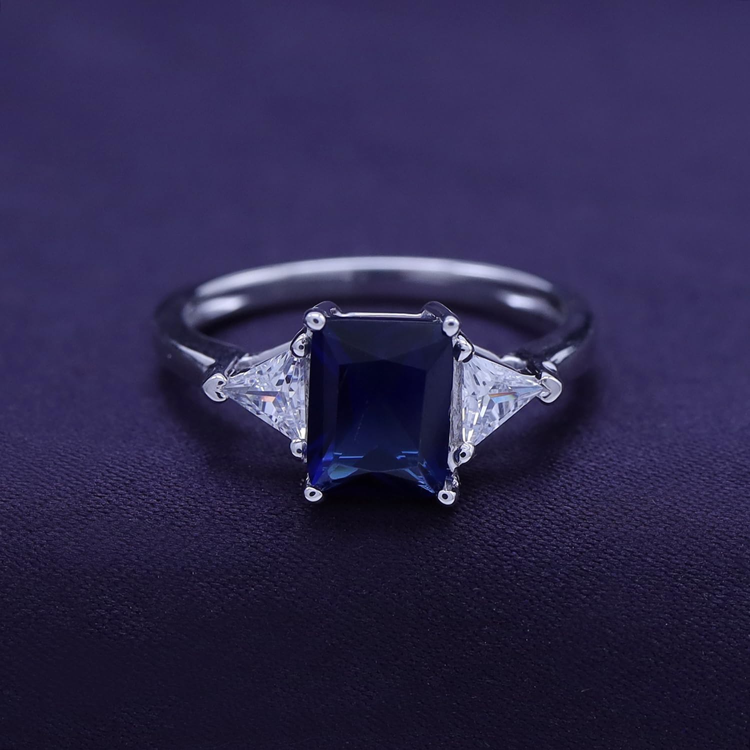 3 Stone Rings for Women Center 8X6MM Emerald Cut Simulated Blue Sapphire with White Topaz Statement Promise Ring in 14K Gold Plated 925 Sterling Silver Jewelry Gift for Her