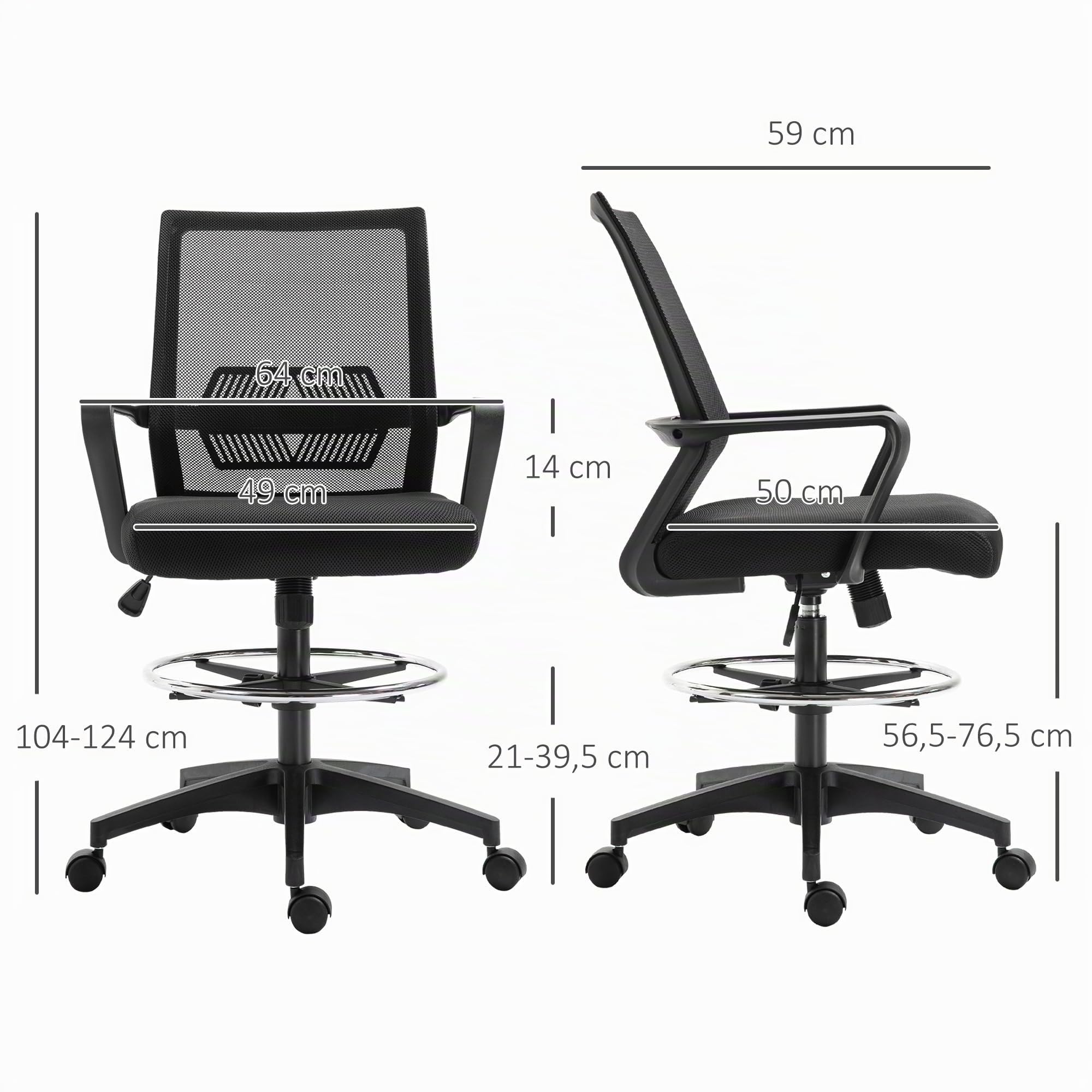 Vinsetto Bürostuhl mit Verstellbarem Fußring Lendenwirbelstütze Schwarz | Ergonomischer Schreibtischstuhl, Höhenverstellbarer Drehstuhl mit Netzbespannung, Zeichenstuhl mit Wippfunktion