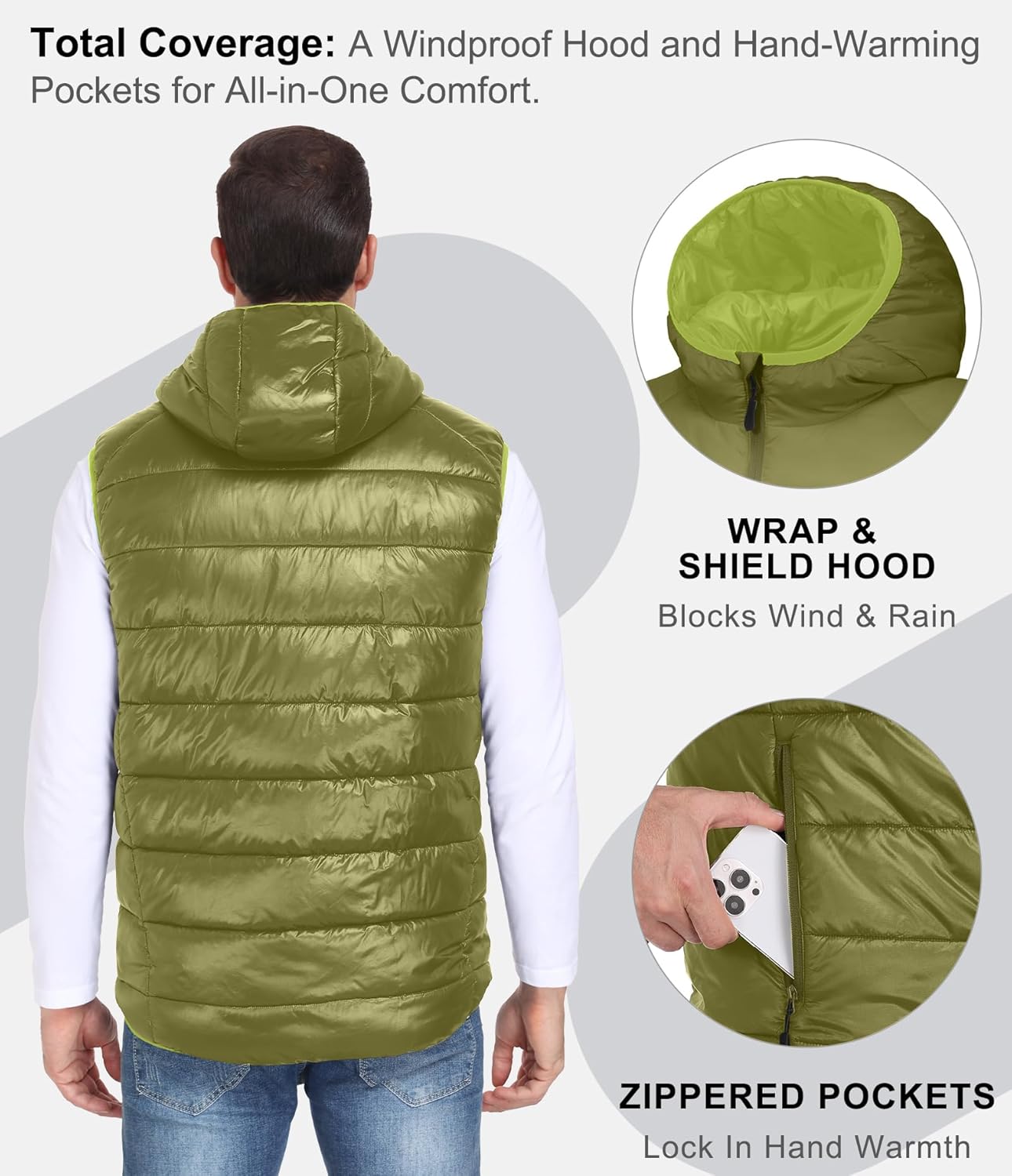 Mapamyumco Men's Hooded Puffer Vest Waterproof Lightweight Quilted Puffer Vest Full Zip Sleeveless Jacket Winter Outerwear - Image 4
