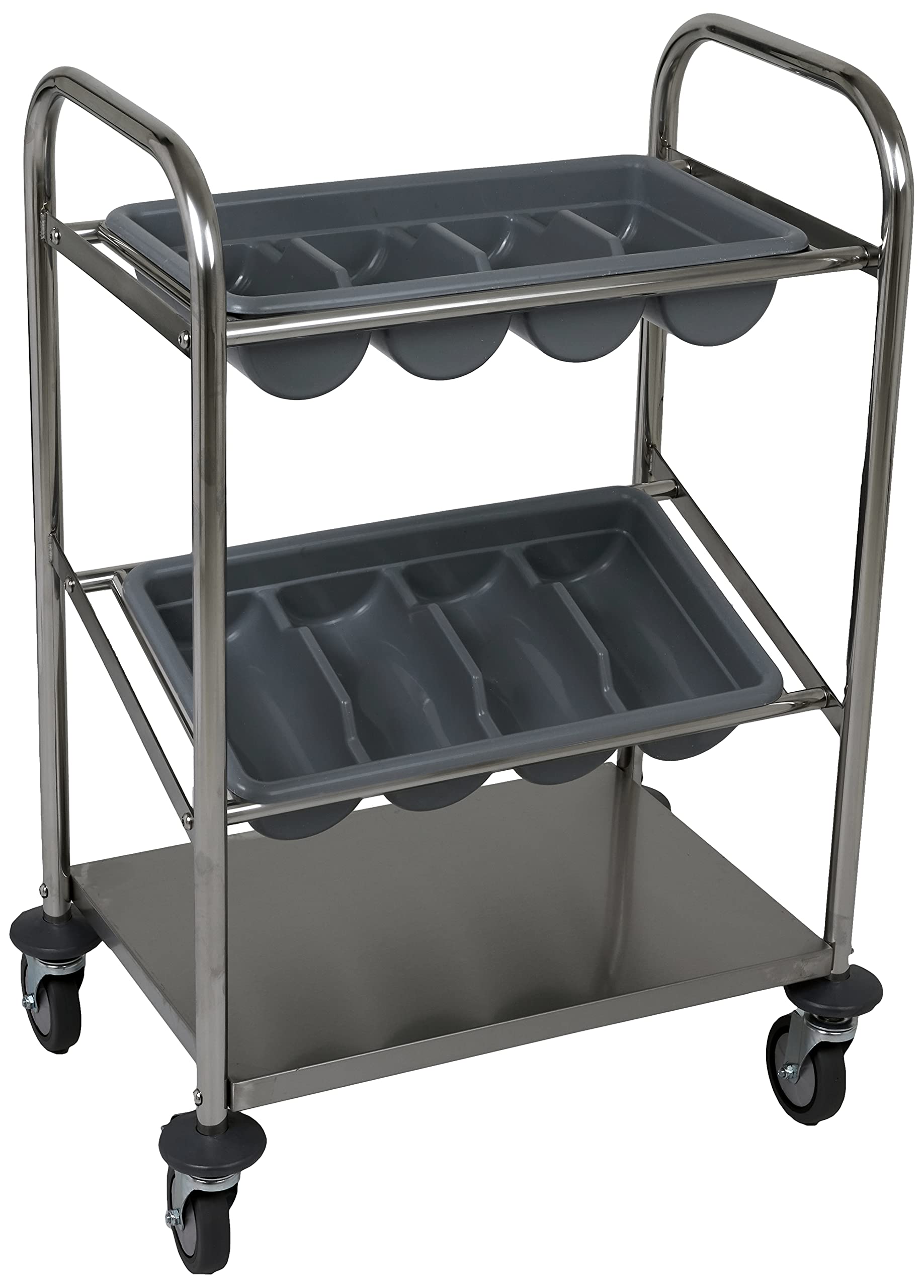 SARO INES - Carrello portaposate in acciaio inox, con 2 portaposate, ripiano inferiore, per piatti, tazze, bicchieri, 4 ruote, di cui 2 con freno