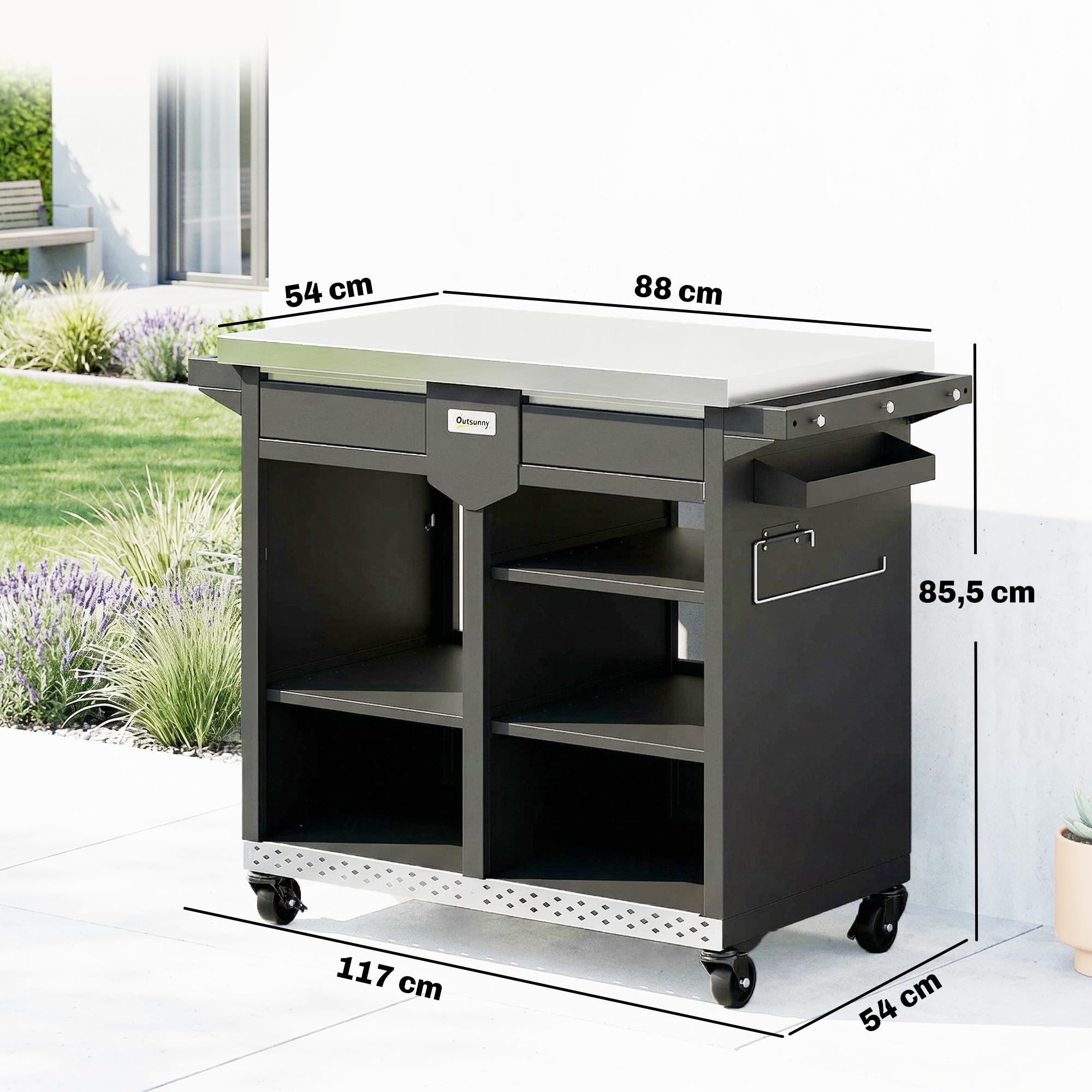 Outsunny Carrito de barbacoa de 5 niveles, mesa de barbacoa con superficie de trabajo de acero inoxidable, ajustable, estantes, cajón, ruedas, soporte para especias, soporte para bolsas de basura