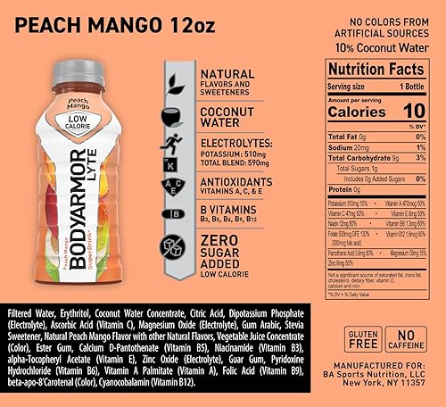Miniatura 2 de BODYARMOR LYTE - Bebida deportiva baja en calorías, mango de melocotón, hidratación de agua de coco, sabores naturales con vitaminas, electrolitos