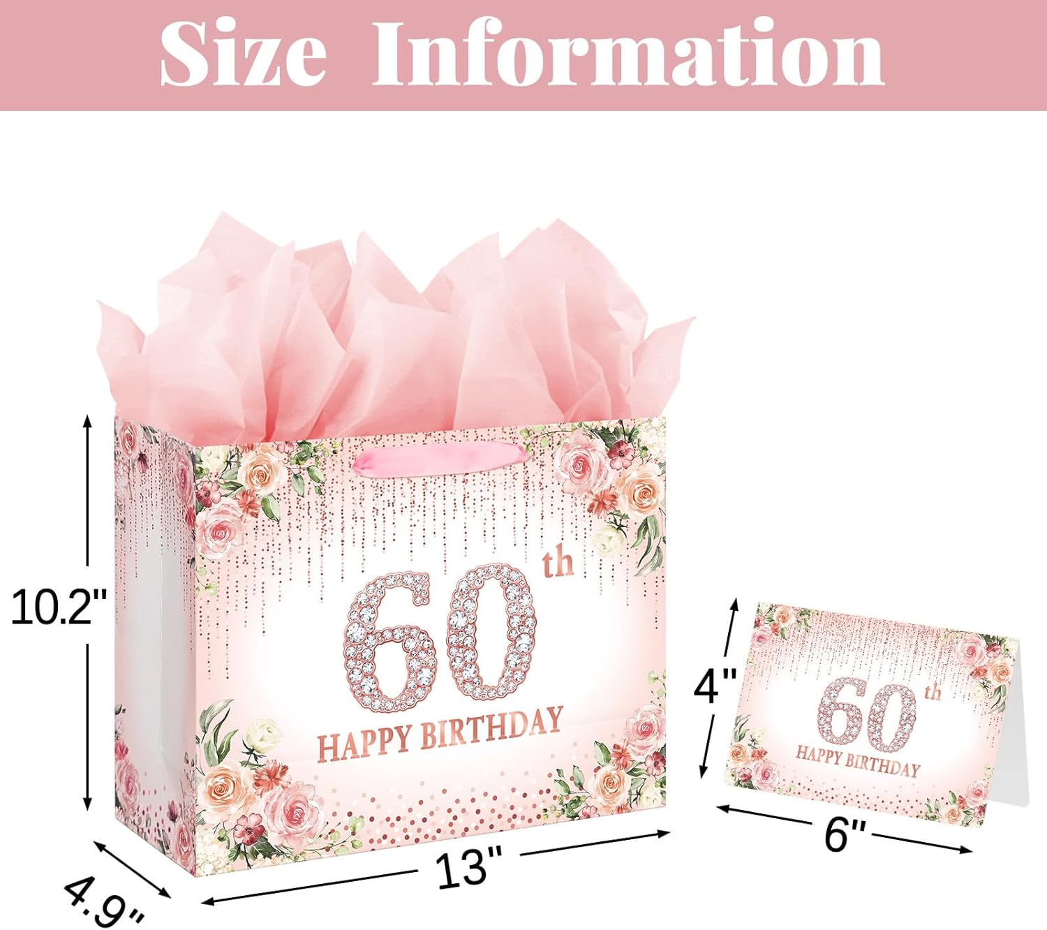 Laidans Rose Gold 60th Happy Birthday Gift Bag with Tissue Paper and Card for Women Party Supplies (Rose Gold) (60th) - Image 2