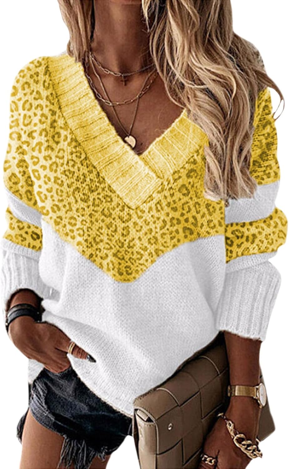 Oversized Sweaters for Women Fall V Neck Color Block Knitted Sweater Tops Winter Loose Striped Jumper Sweater Pullover