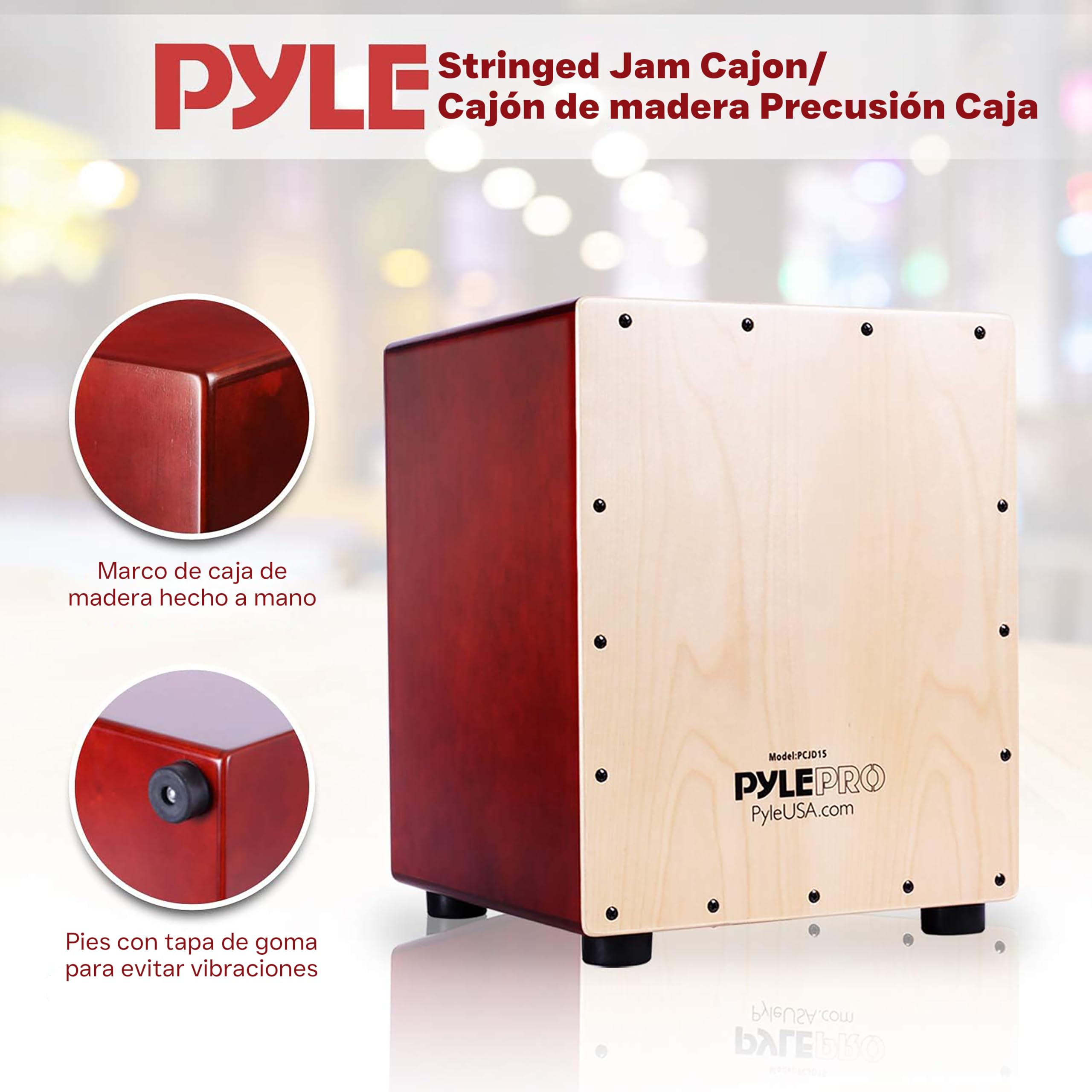 Pyle Cajón de Percusión, Caja Acústica de Madera de Abedul, Cuerdas de Guitarra Ajustables, Sonido Profesional, Compacto 30x30x38 cm, Patas Antivibración, Ligero 5kg, Ideal para Todas las Edades
