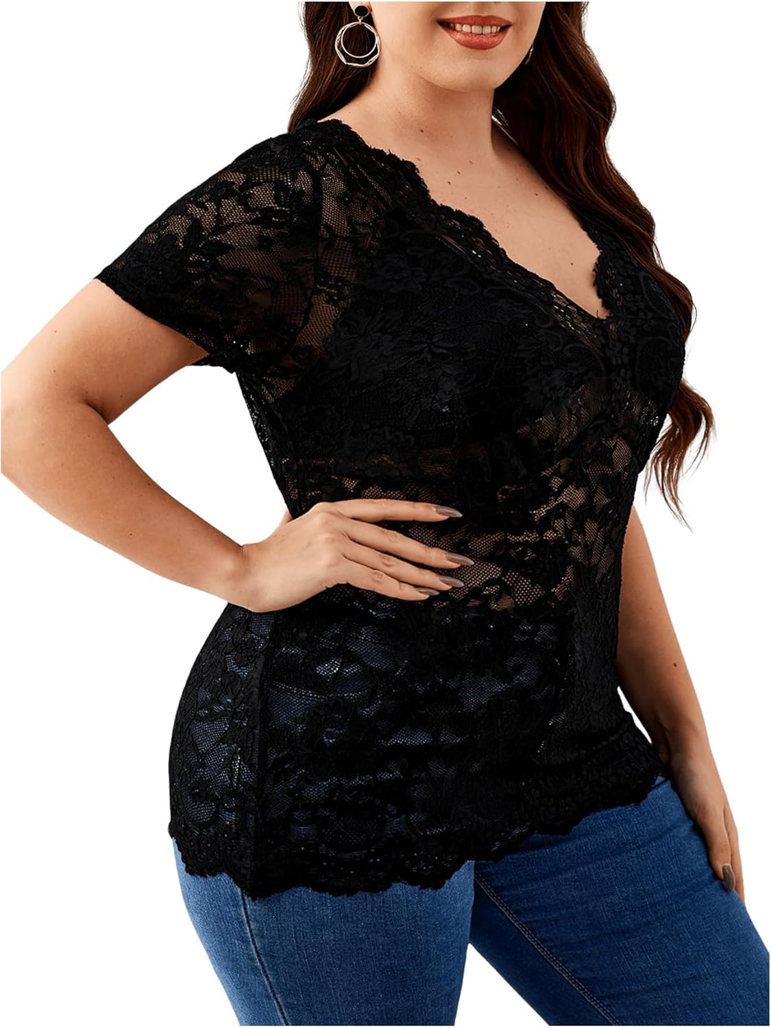 OYOANGLE Women's Plus Size Short Sleeve Floral Lace Blouse Mesh V Neck Slim Tee Shirt Top - Image 2