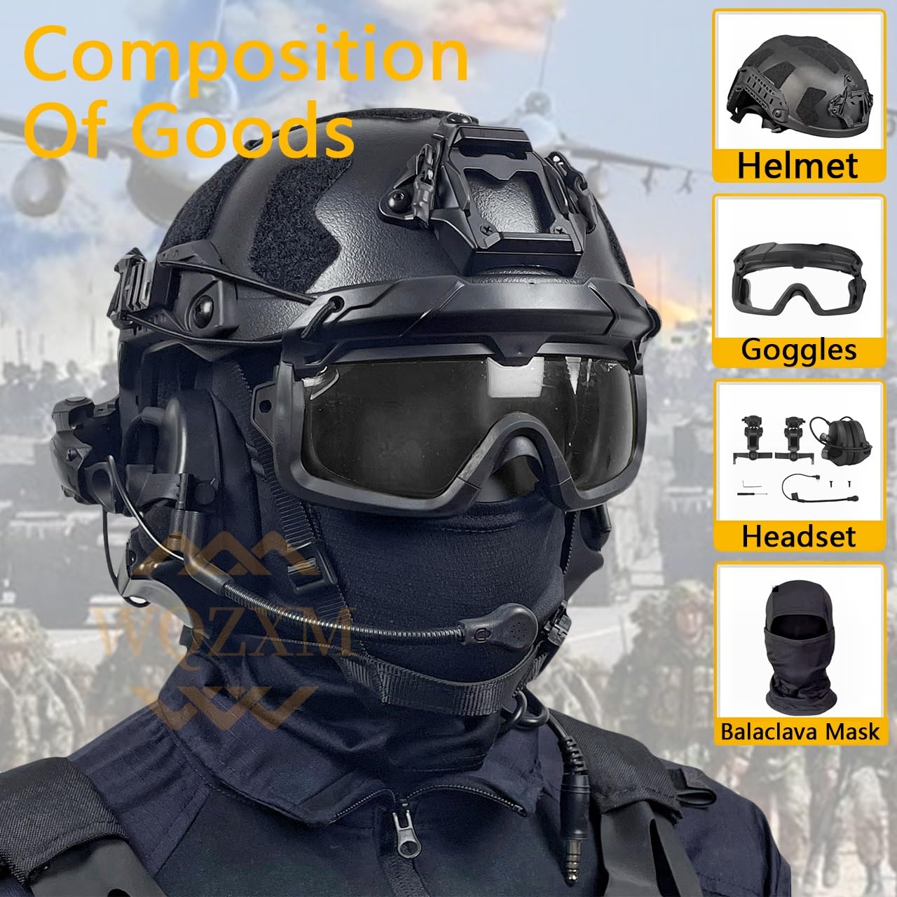 Zestaw Szybkich Hełmów Airsoftowych, Hełm SF Ultra High Cut Tac Z Taktycznym Zestawem Słuchawkowym Bez Hałasu I Taktycznymi Goglami Dzielonymi Na Dwa Tryby, Dla Obwodu Głowy 54-62 Cm(CP)
