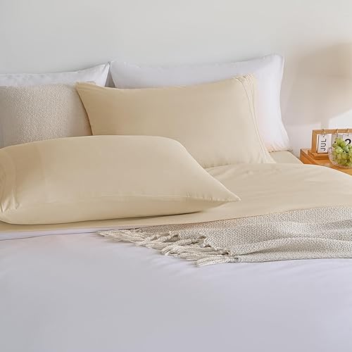 Miniatura 7 de Juego de sábanas de tamaño matrimonial color beige, juego de sábanas bajeras y fundas de almohada de bolsillo profundo, 4 piezas de microfibra suave